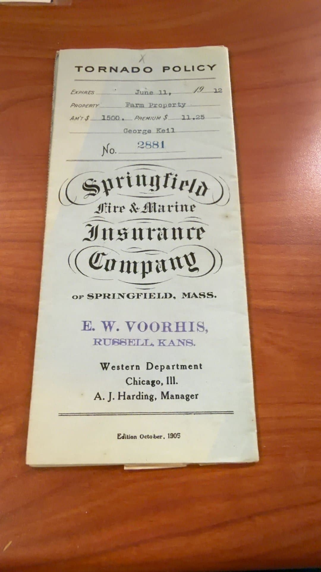 1905 Tornado Insurance Policy Document - Image 1