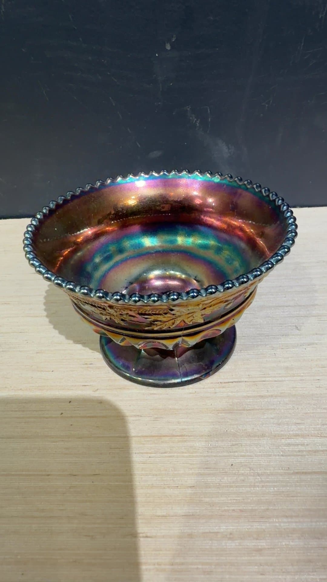 Vintage Amethyst Carnival Glass Footed Maple Leaf Bowl - Image 1