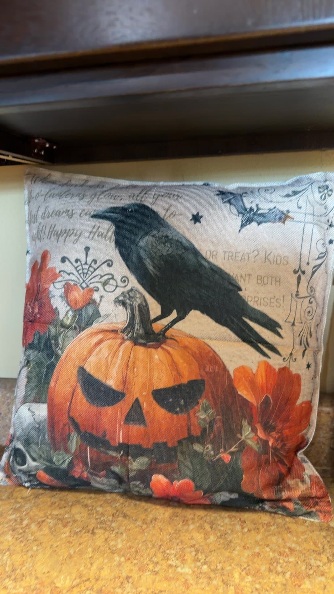 Halloween Decorative Pillow with Raven and Pumpkin - Image 1