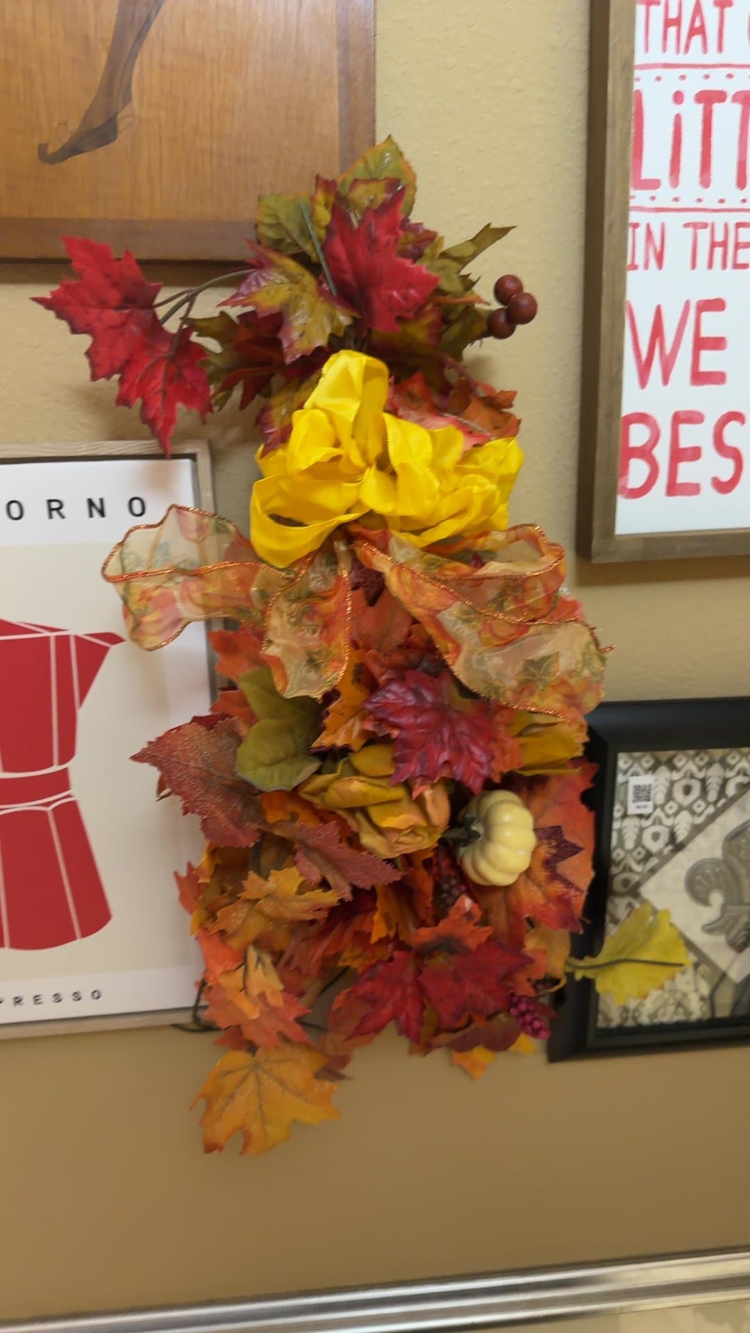 Artificial Autumn Foliage Wall Swag with Pumpkin and Ribbons - Image 1