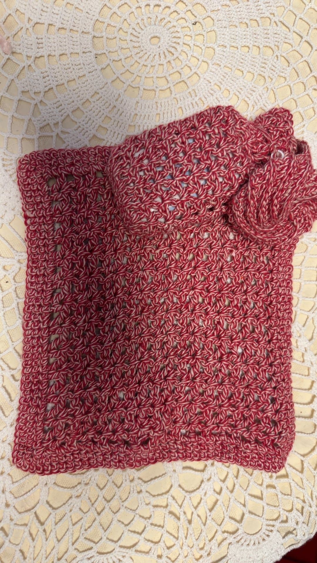 Handmade Red and White Crochet Soap Holder, Scrubber and Washcloth - Image 1