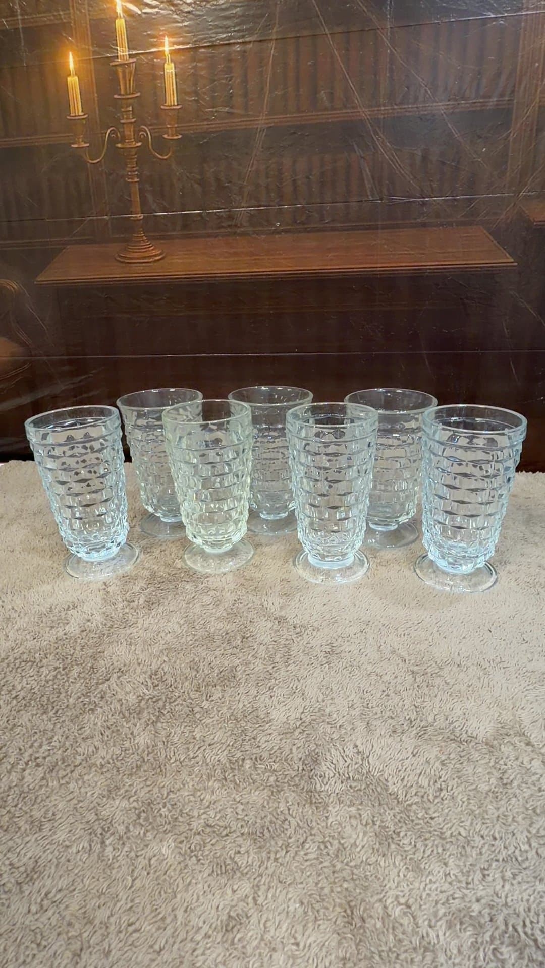 Vintage Clear Diamond Pattern Footed Glass Goblets - Set of 7 - Image 1