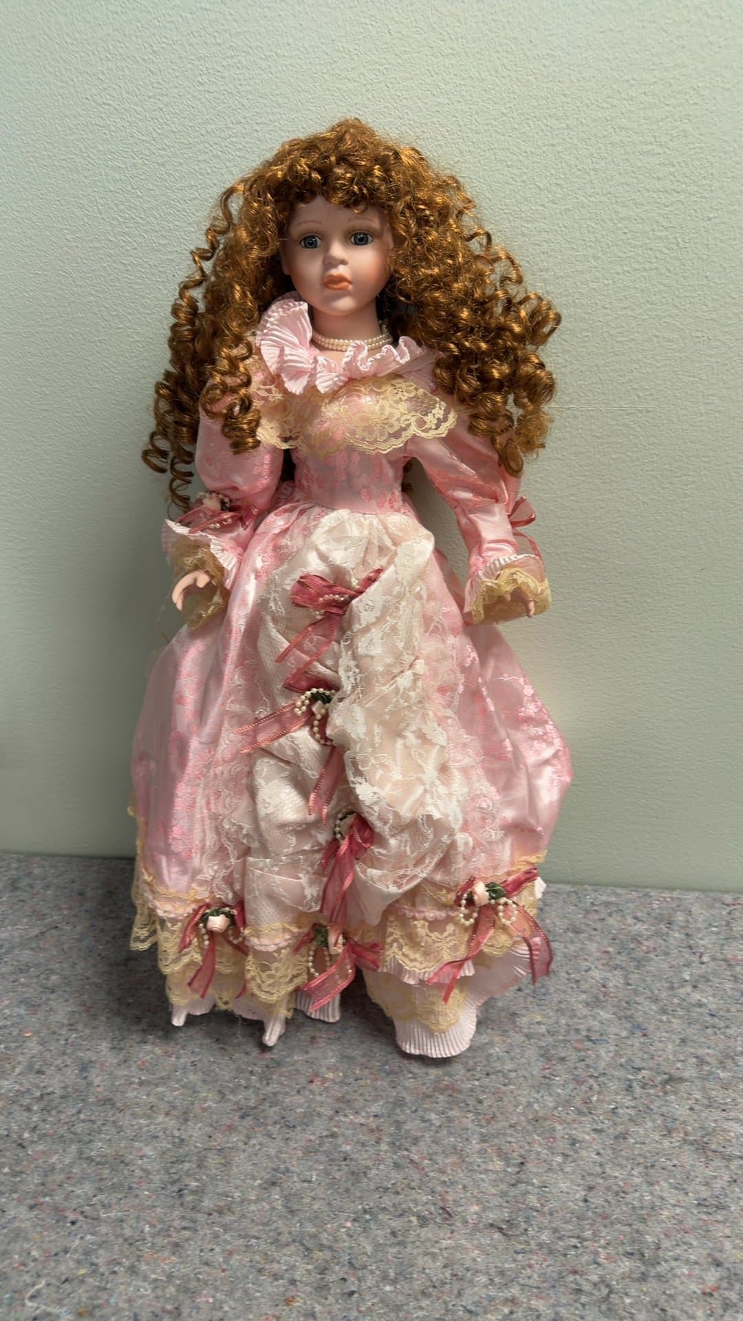 Porcelain Victorian Style Doll in Pink Lace Dress - Image 1