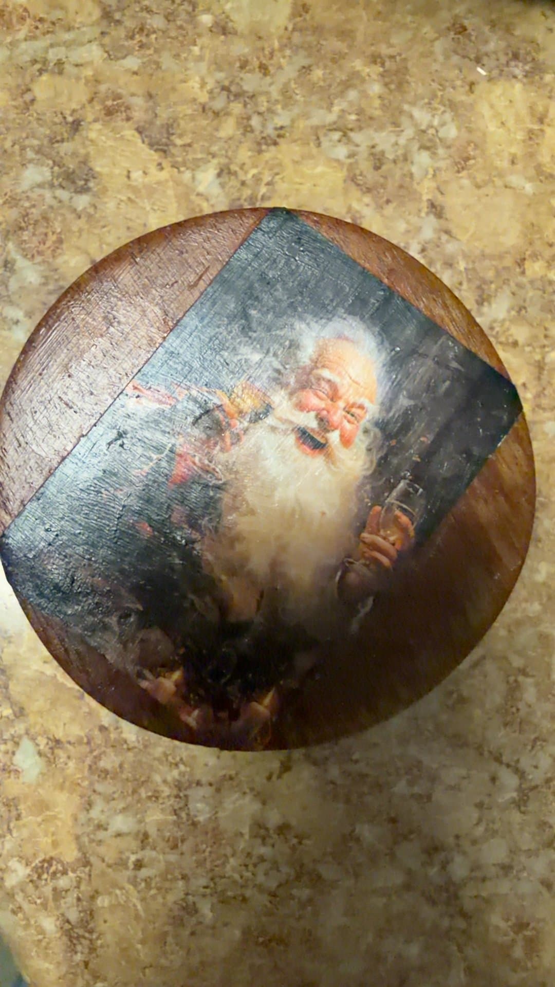 Vintage Wooden Round Santa Claus Keepsake Trinket Box - Image 1