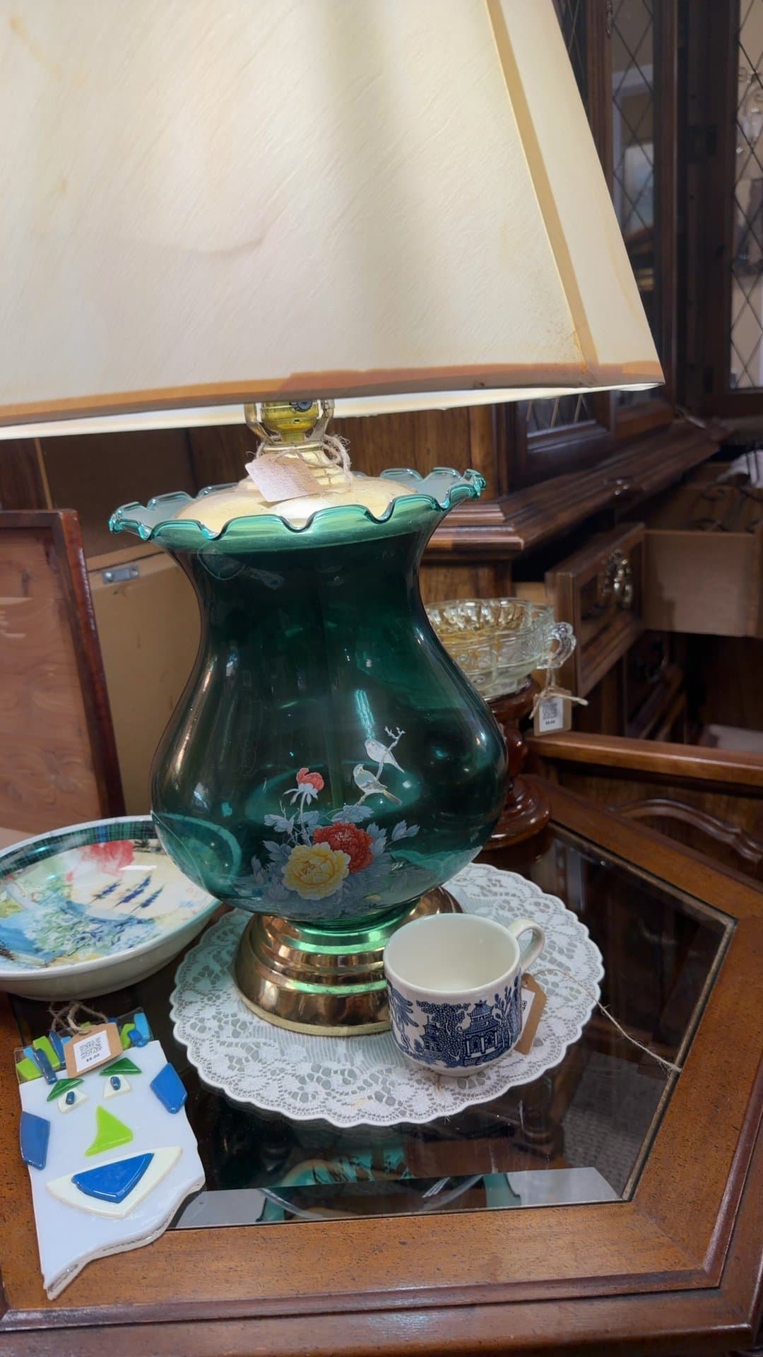 1 of 2 1960's Blue Green, hand painted Glass Table Lamps with Floral Design - Image 1
