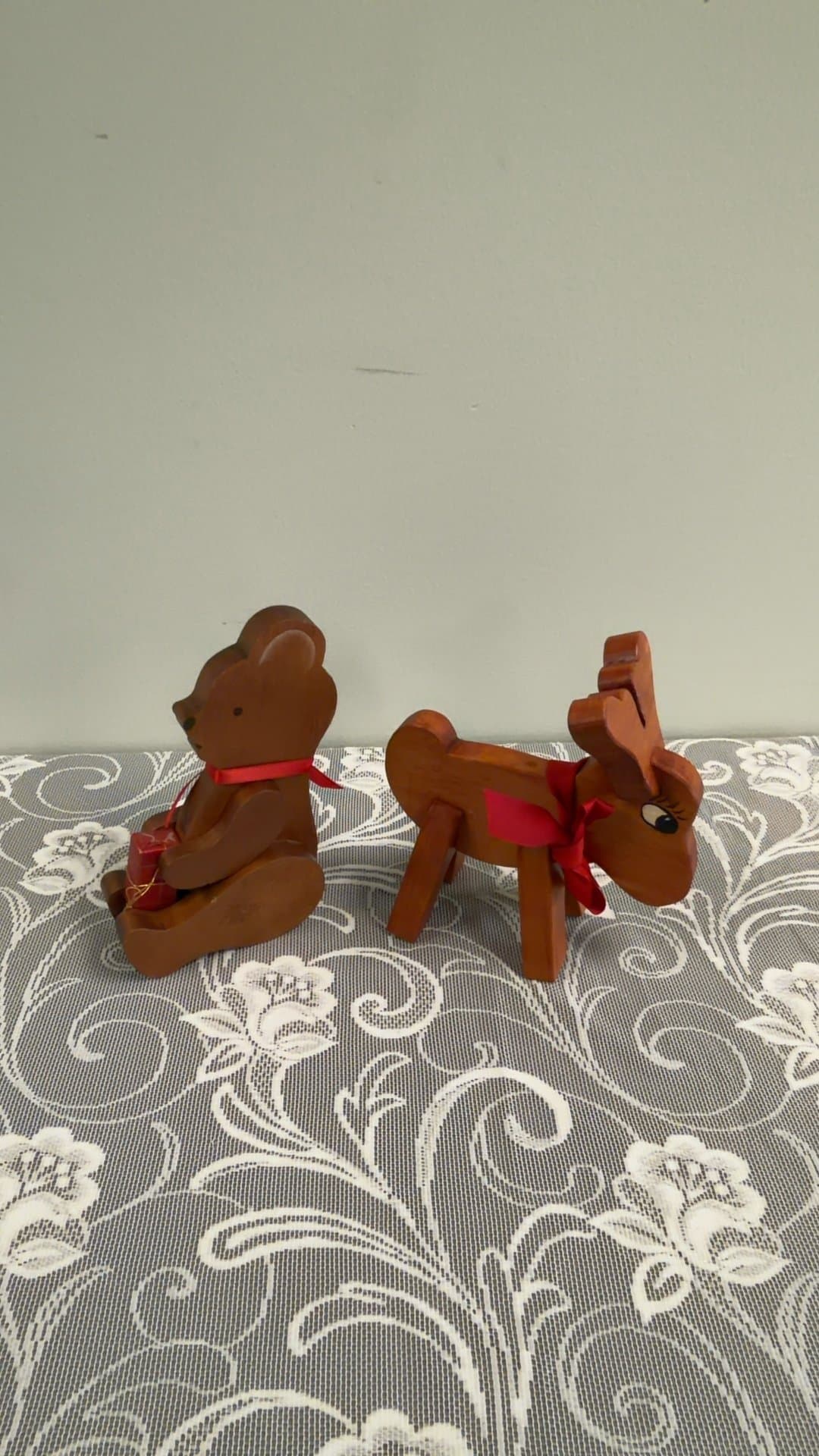 Vintage Wooden Christmas Bear and Reindeer Figurines - Image 1