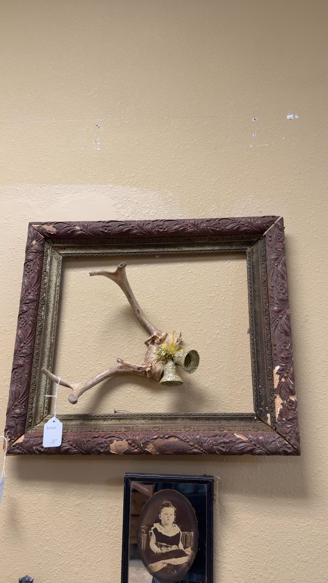 Antique Decorative Frame with Antler and Bell - Image 1