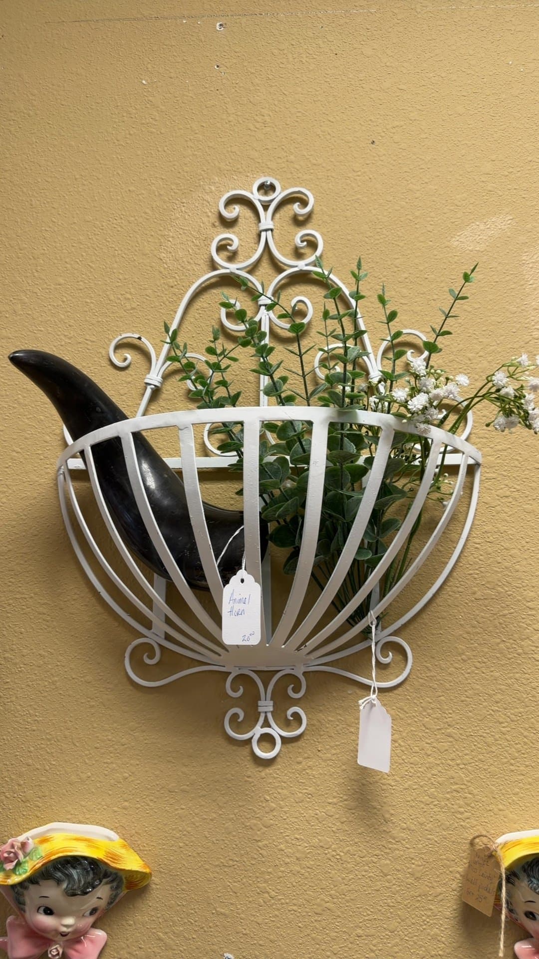 Decorative Wall Basket with Faux Plants and Horn - Image 1