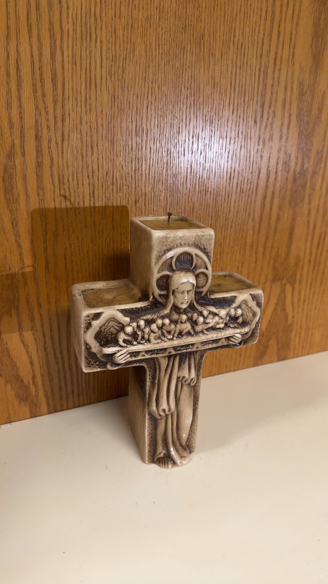 Vintage Molded Wax Religious Cross Candle - Image 1