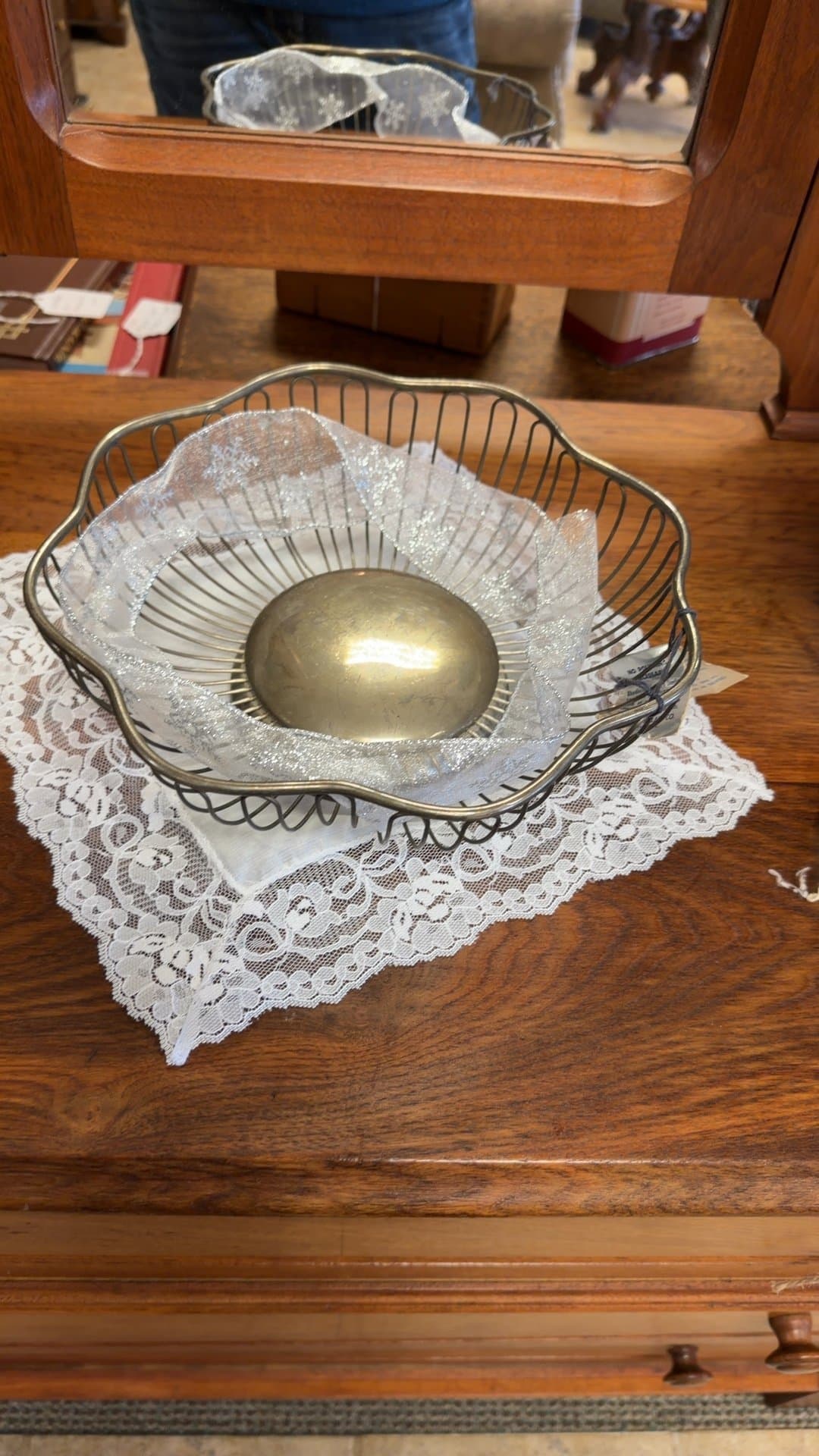 Vintage Wire Fruit Basket with Brass Base - Image 1