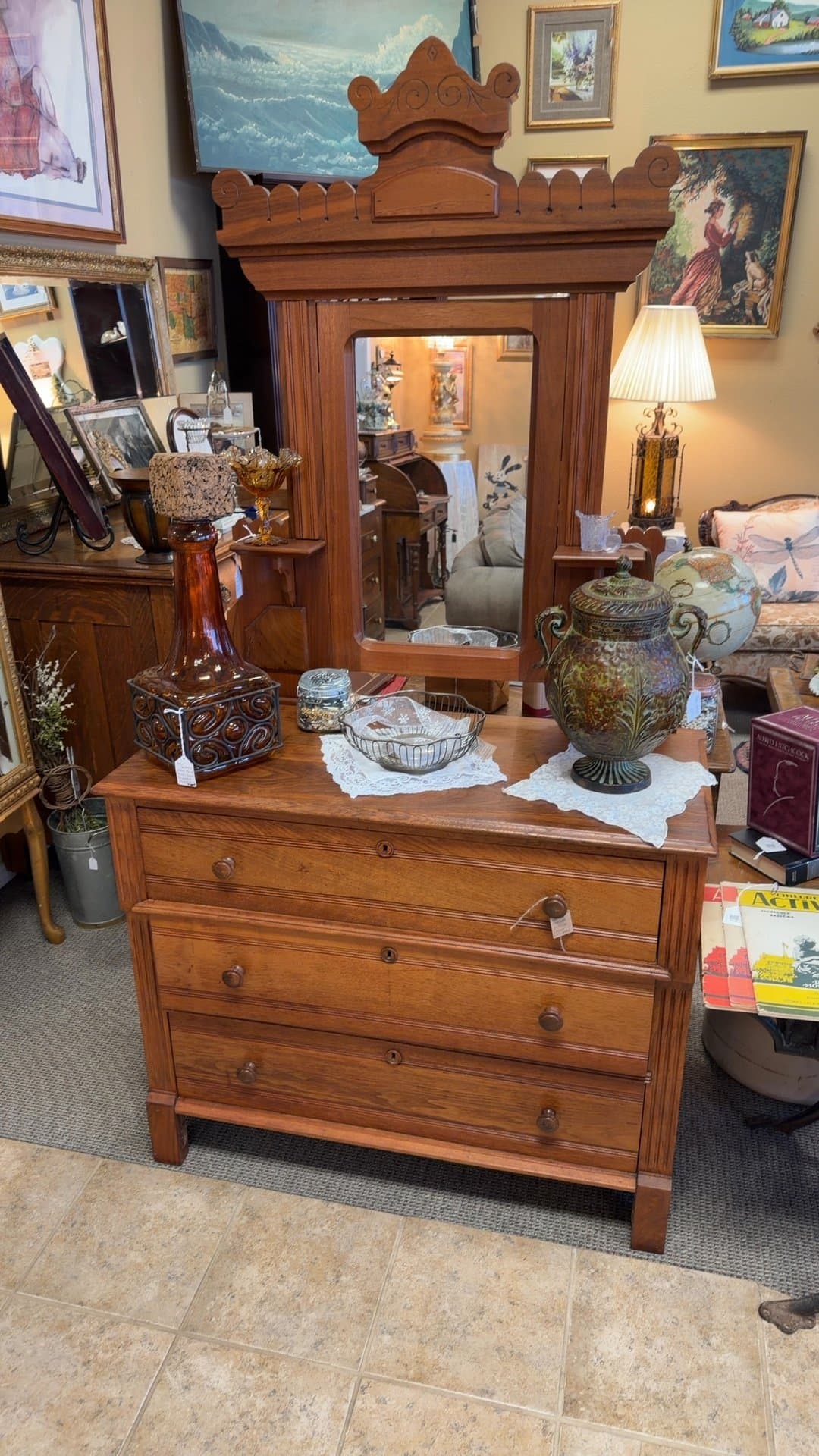 Antique Wooden Dresser with Mirror - Image 1