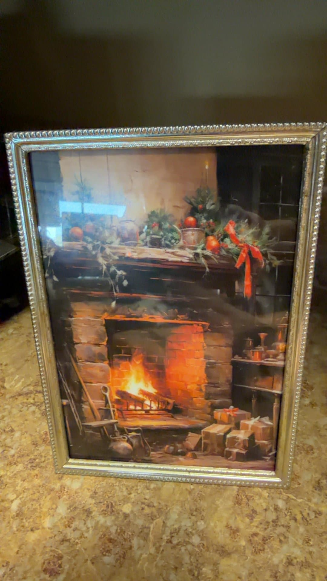 Framed Christmas Fireplace Print in Gold-Tone Beaded Frame - Image 1