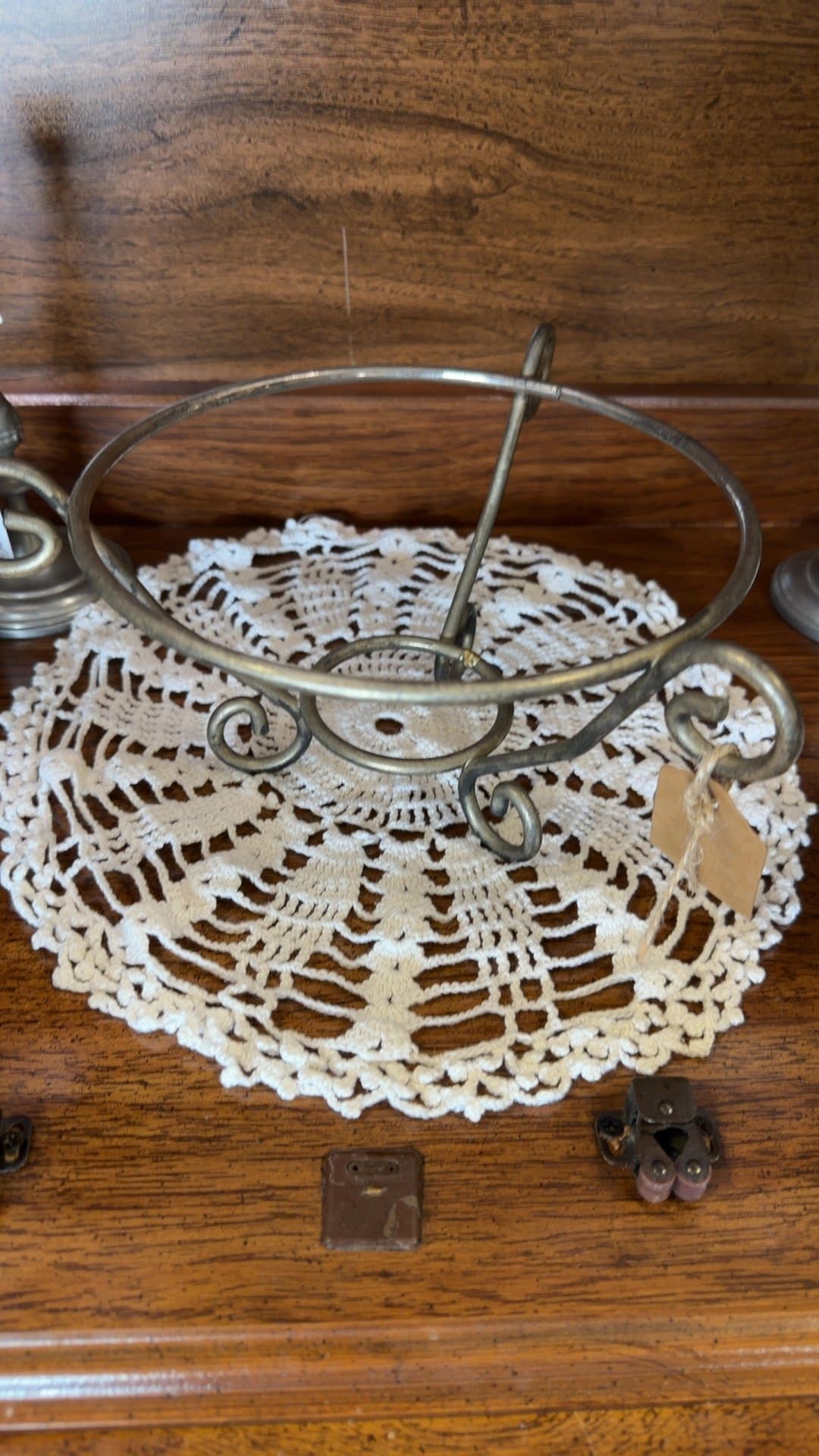 Vintage Metal Centerpiece Stand with Crochet Doily - Image 1
