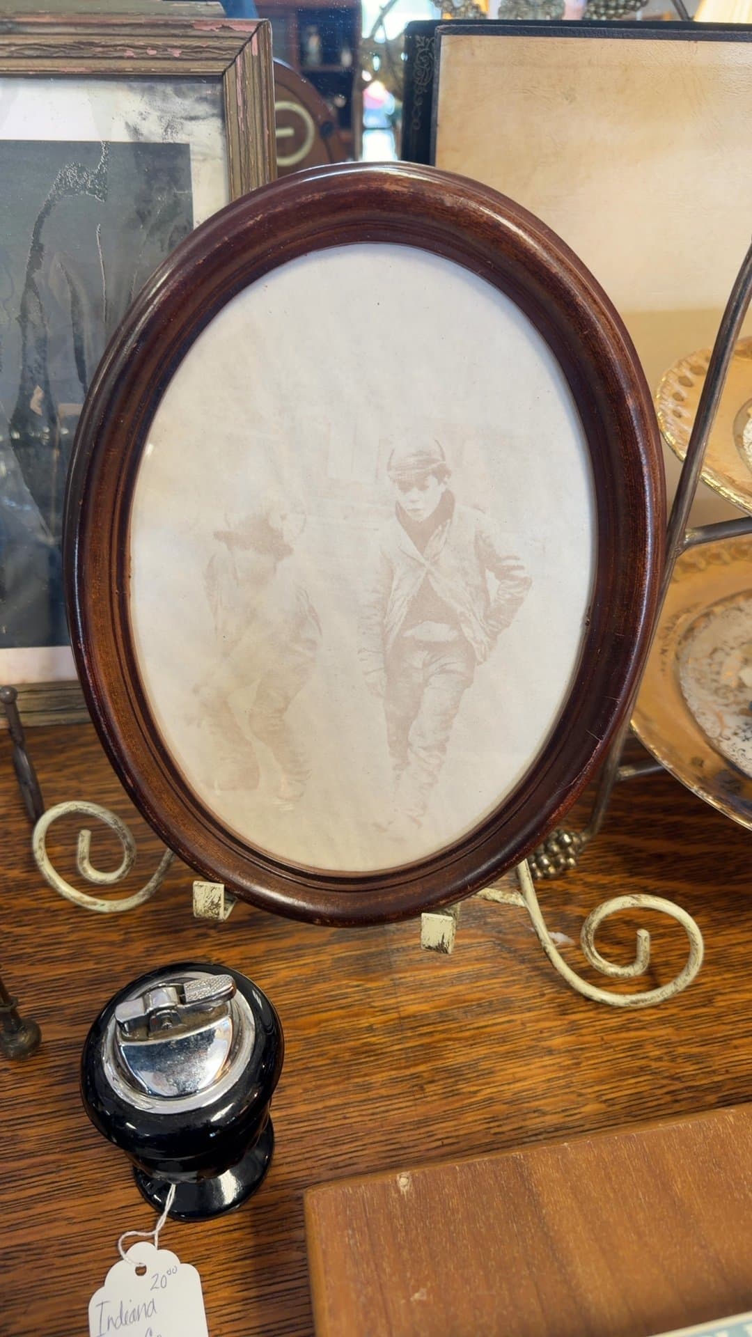 Vintage Oval Wooden Picture Frame with Sepia Photograph - Image 1
