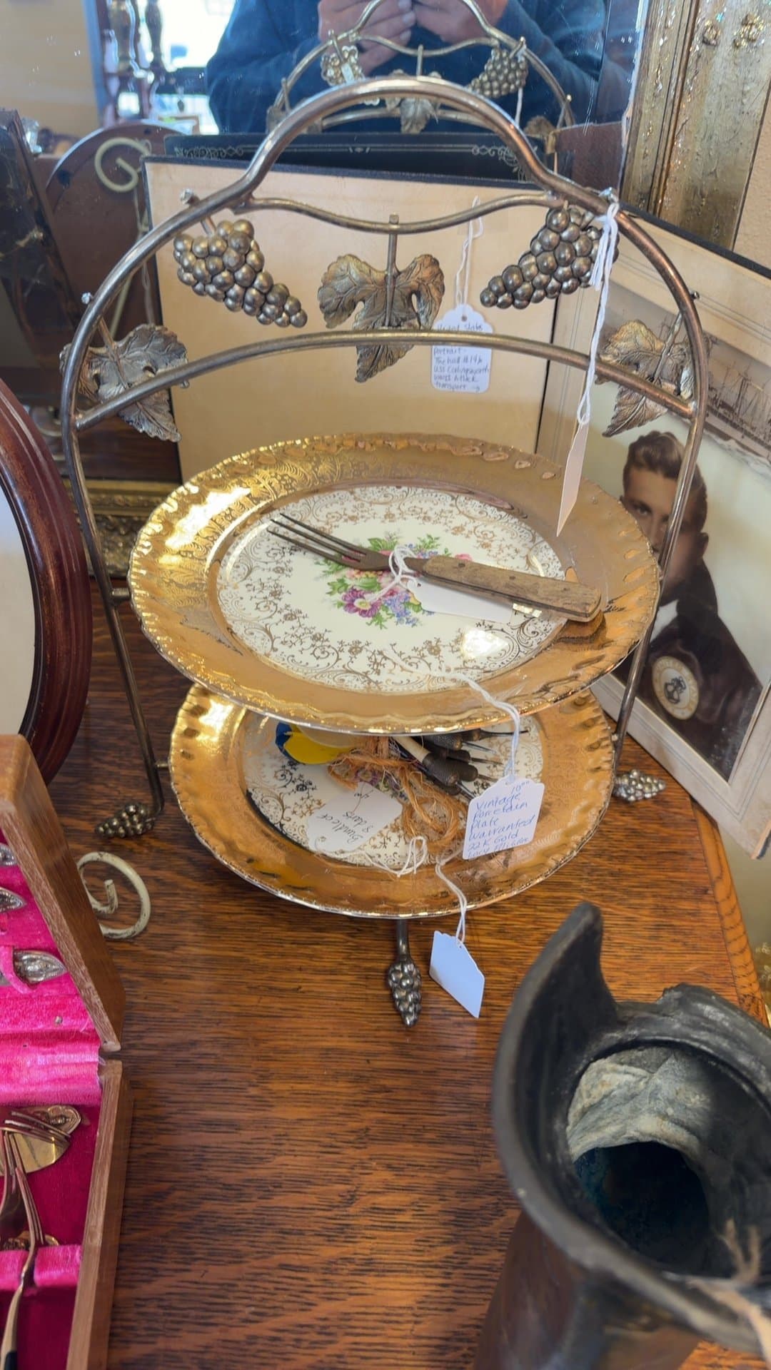Vintage Two-Tier Serving Stand with Decorative Plates - Image 1