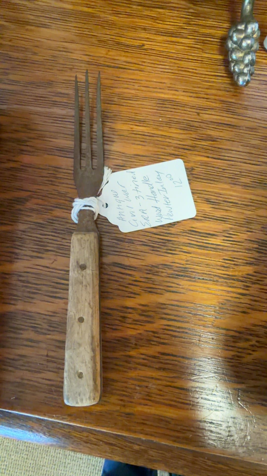 Antique 3-Tined Fork with Wooden Handle - Image 1