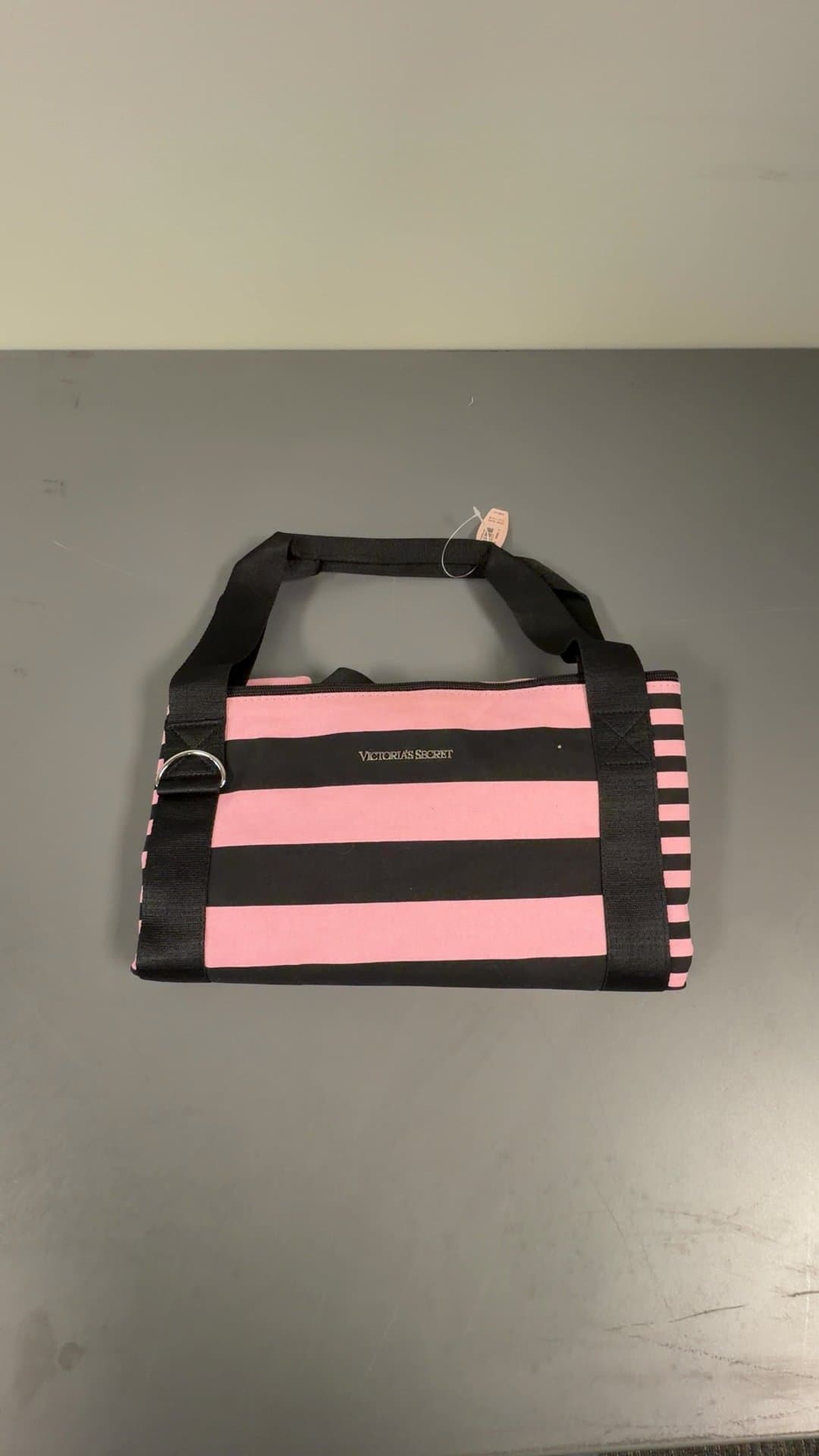 Victoria's Secret Pink and Black Striped Duffle Bag - Image 1