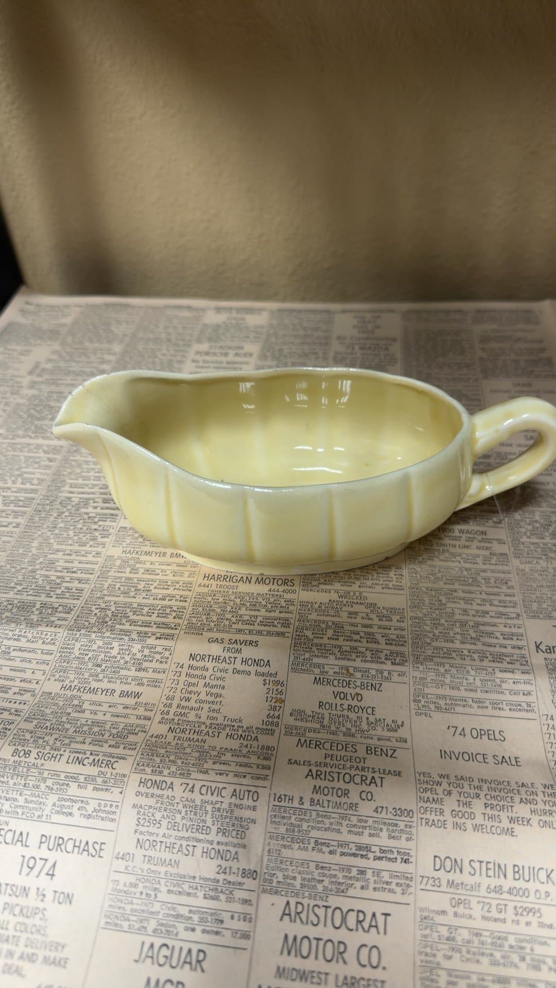 1930's-50's W.S. George Pottery Co. Canary Yellow Ceramic Gravy Boat - Image 1
