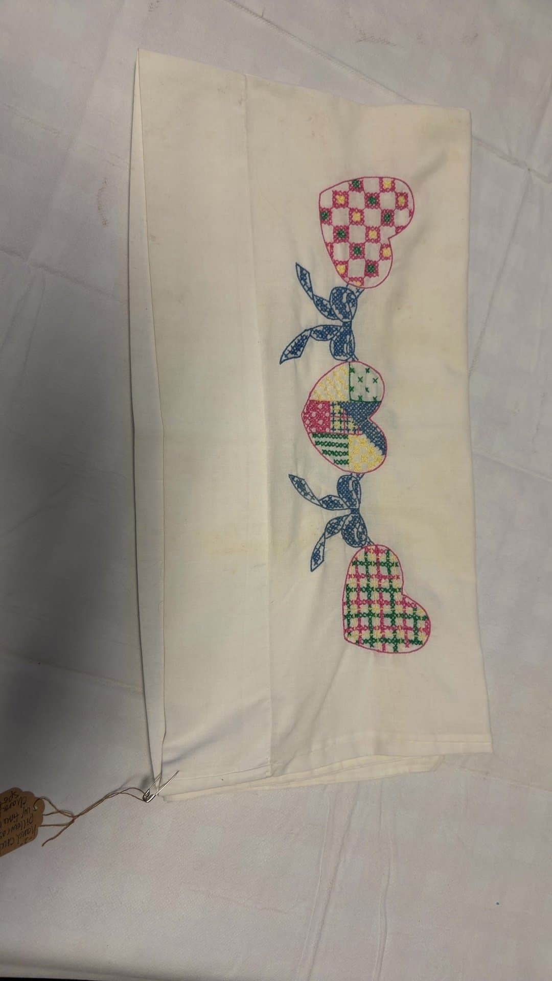 Vintage Embroidered Heart Pattern Pillowcase-imperfections - Image 1