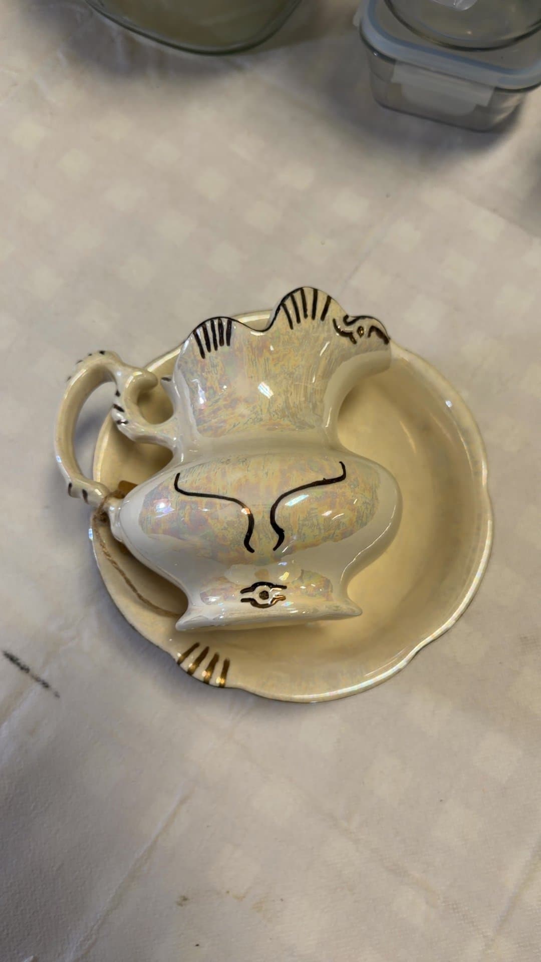 Vintage Iridescent Earthenware Creamer and Saucer - Image 1