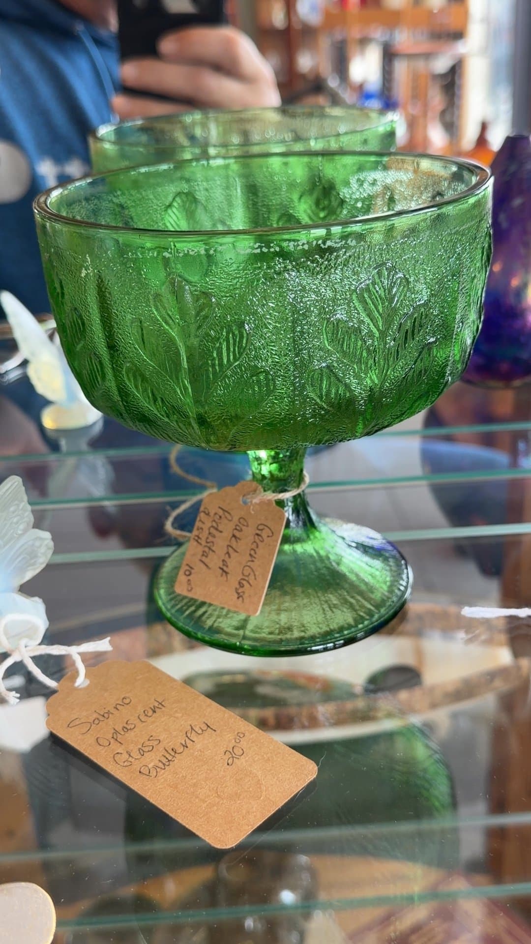 Green Glass Oak Leaf Pedestal Dish - Image 1