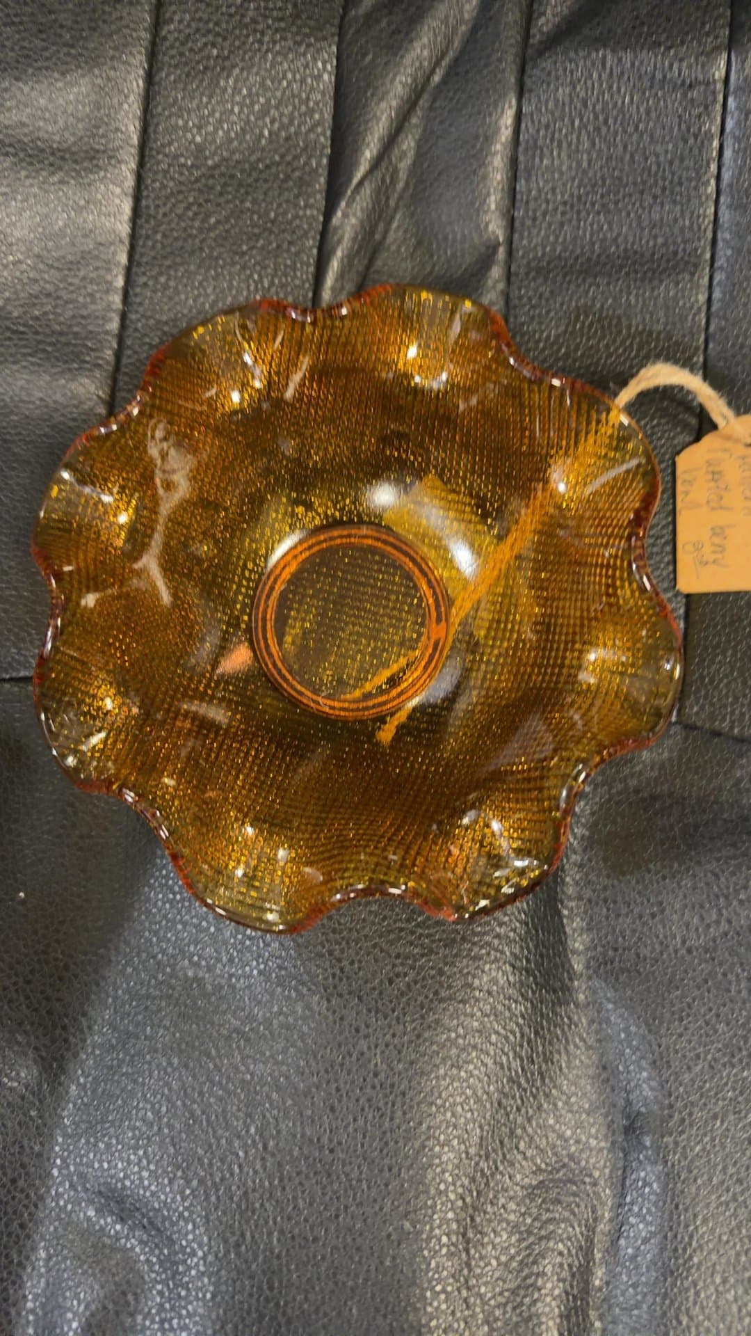 Amber Carnival Glass Ruffled Berry Bowl - Image 1