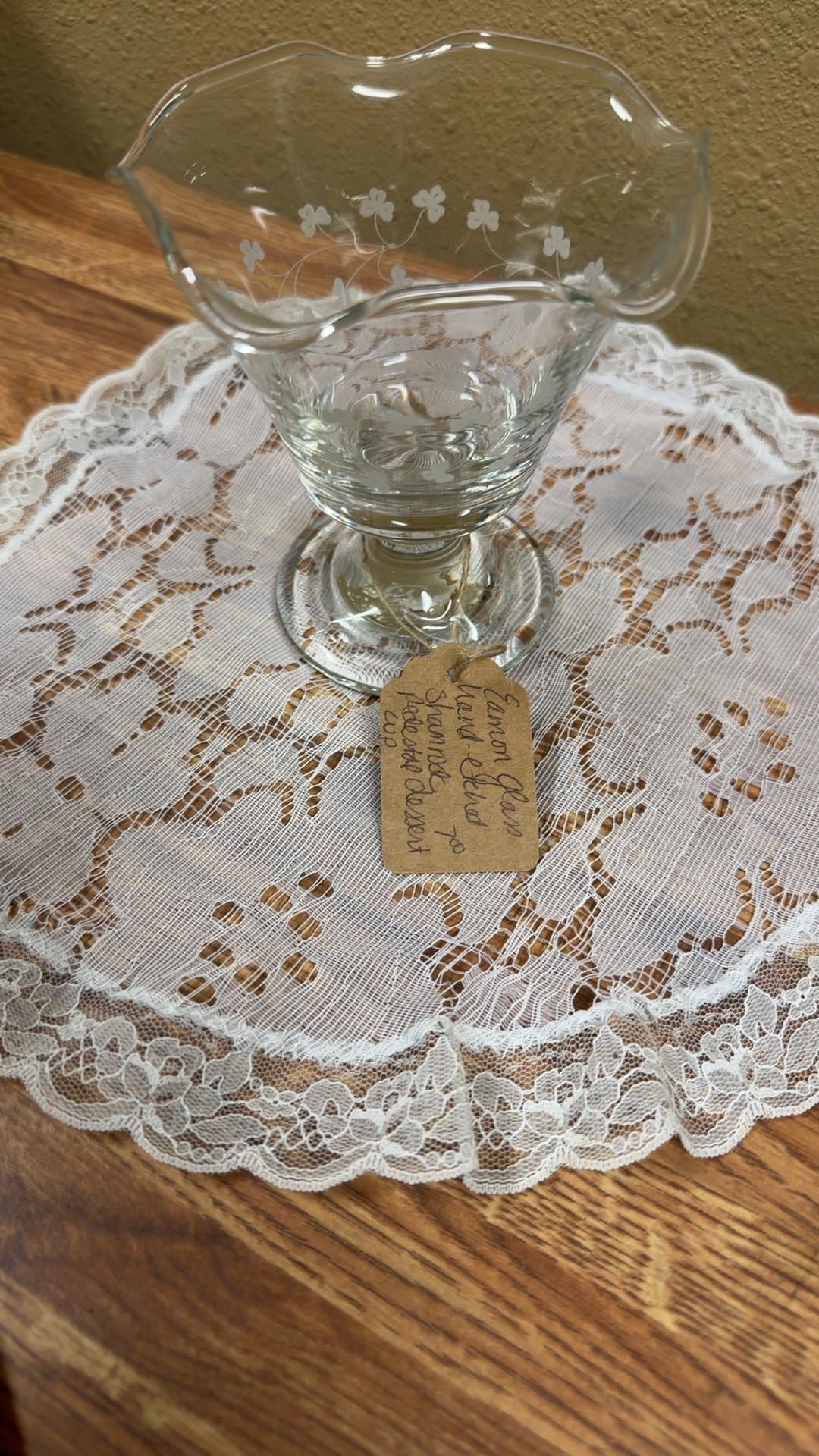 Vintage Glass Dessert Dish with Lace Doily - Image 1
