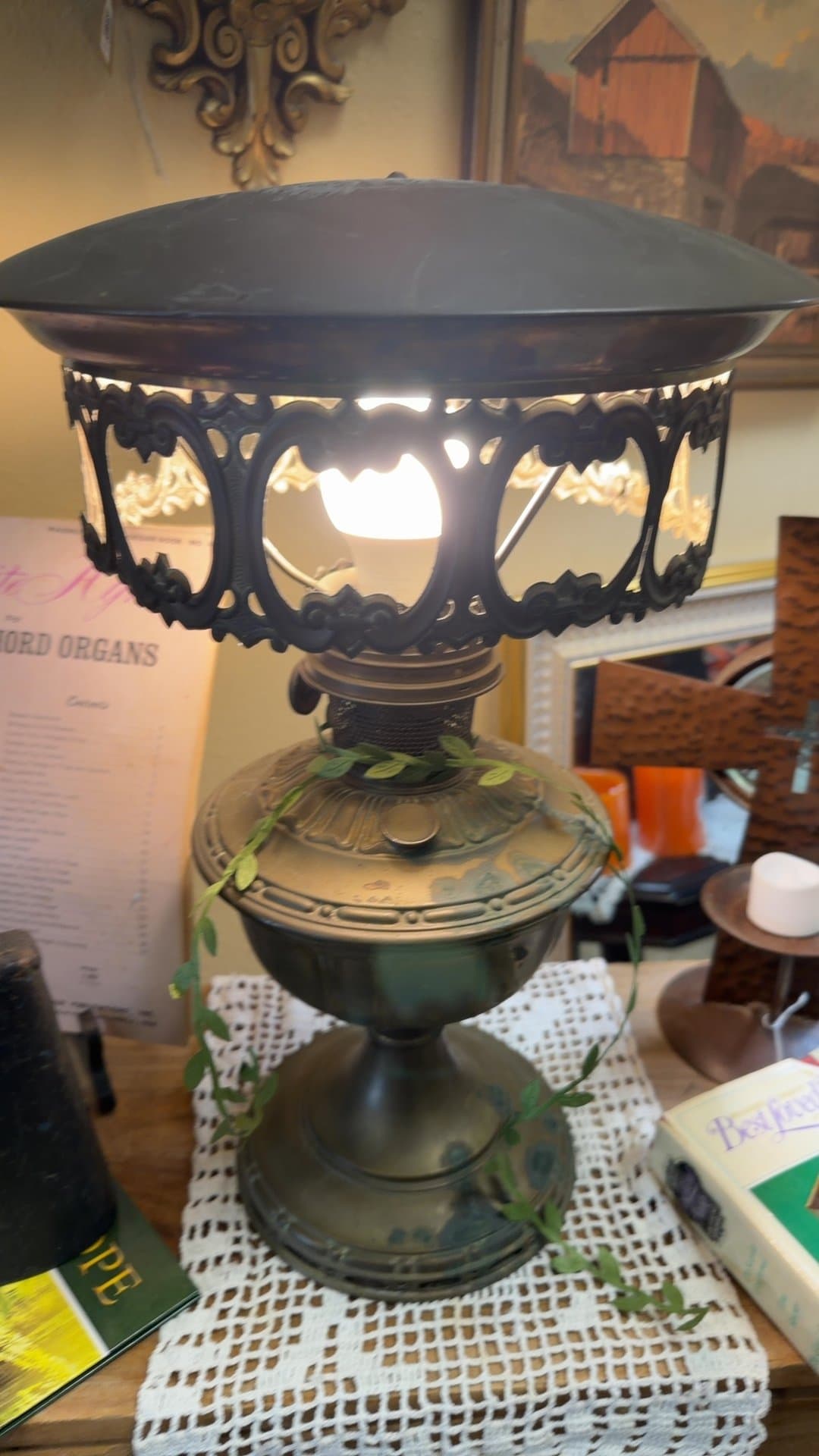 Antique Electrified Brass Kerosene Table Lamp - Image 1