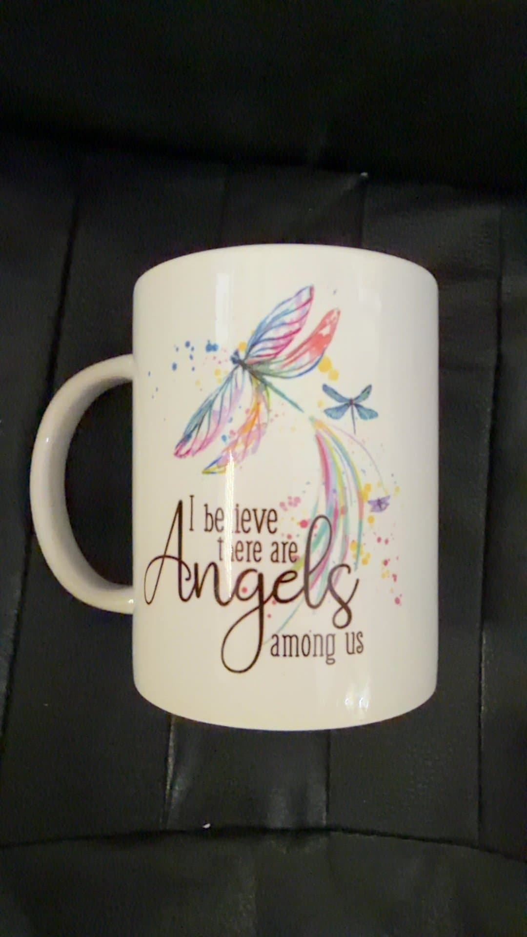 Cricut 15 oz Ceramic Mug with Dragonfly 'I Believe There Are Angels Among Us' Graphic - Image 1