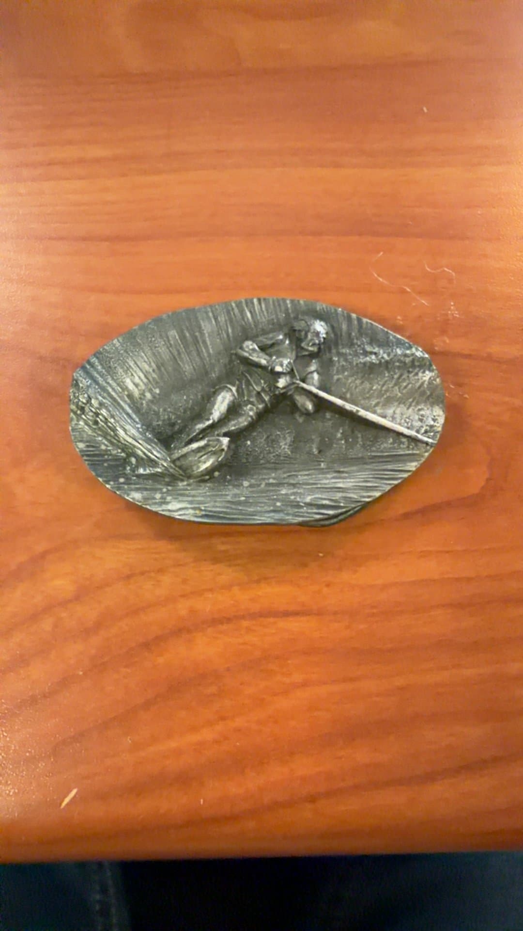 Vintage Pewter Belt Buckle with Canoeing Design - Image 1