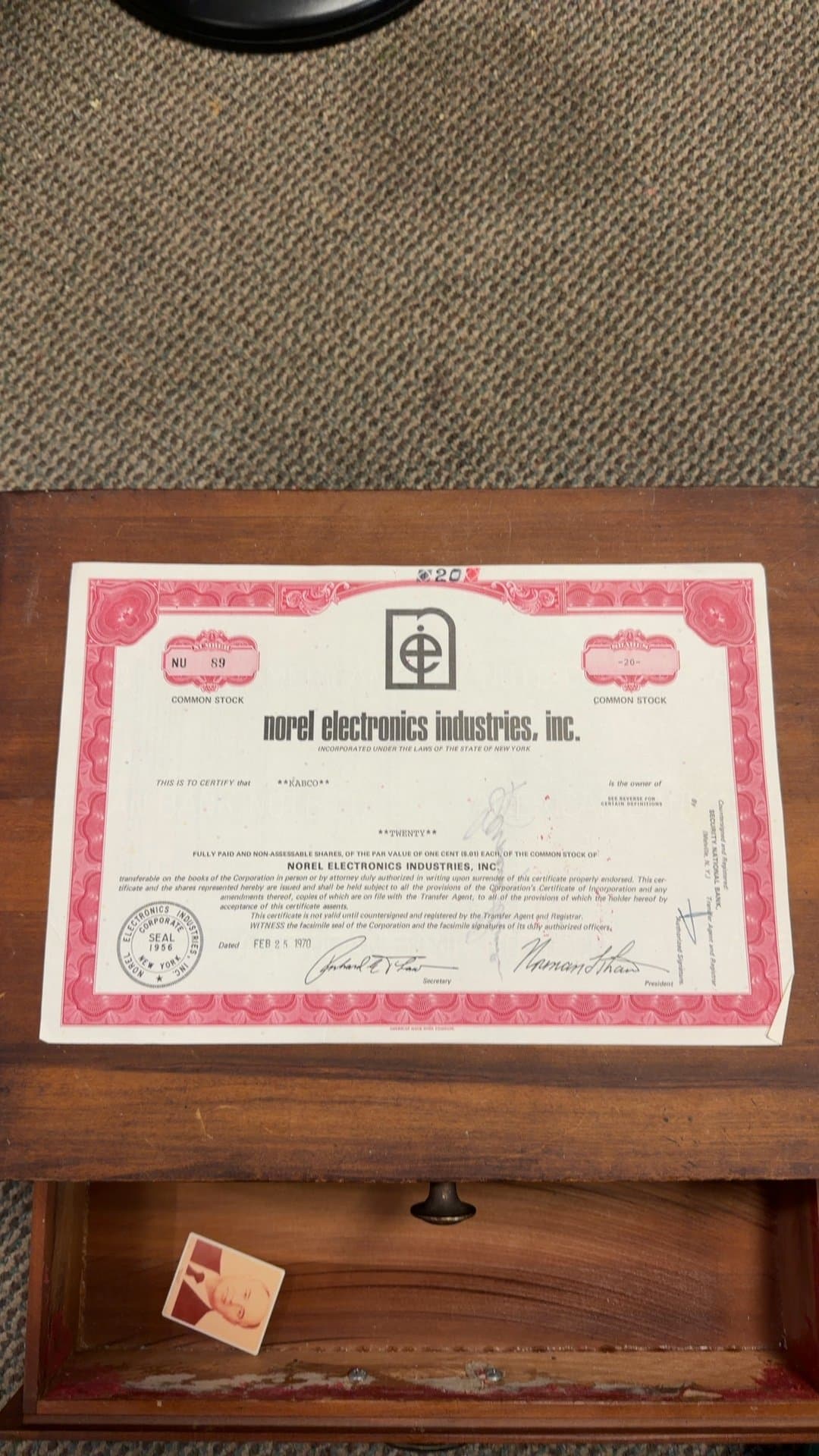 Norel Electronics Industries, Inc. Stock Certificate - Image 1