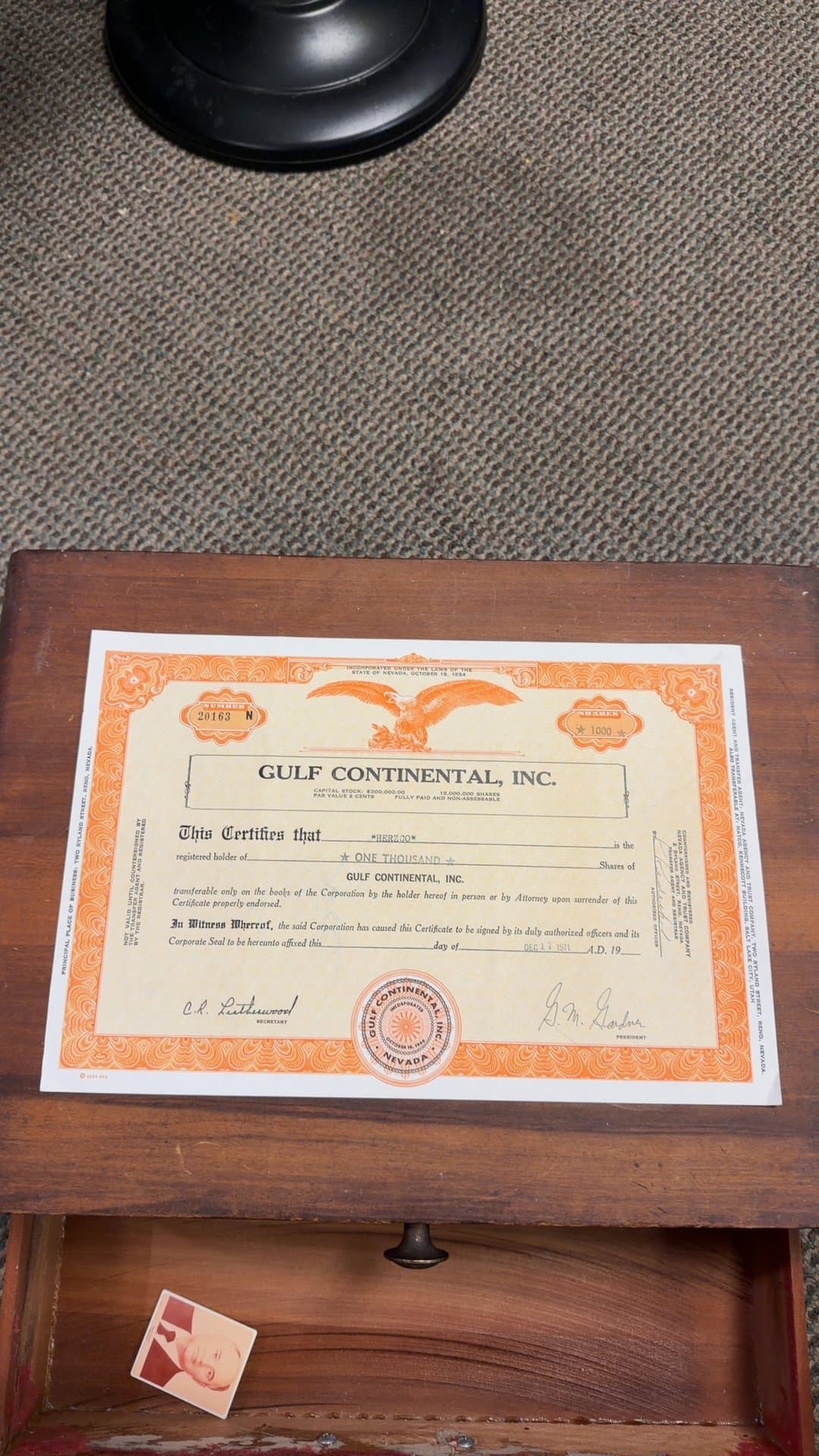 Gulf Continental Inc. Stock Certificate - Image 1