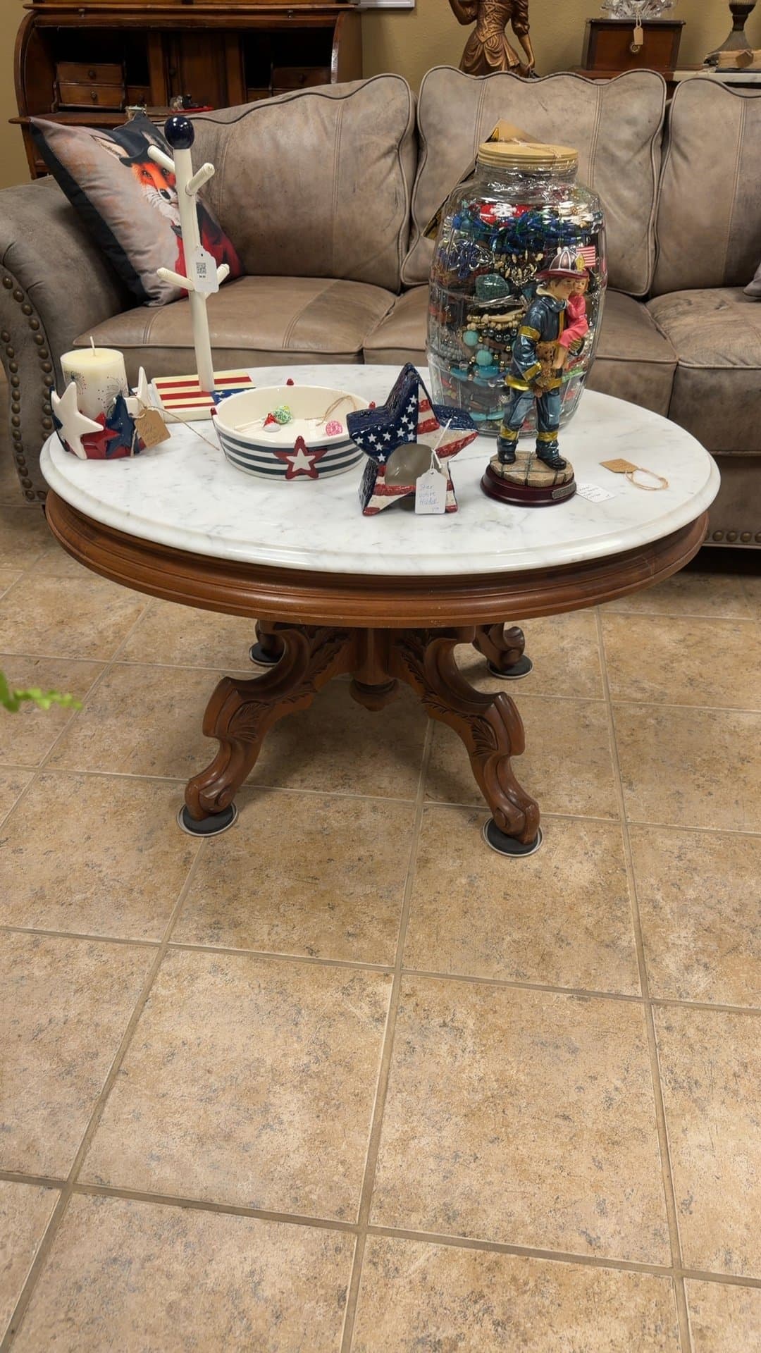 Mid-Century Marble Top Coffee Table with Cabriole Legs - Image 1