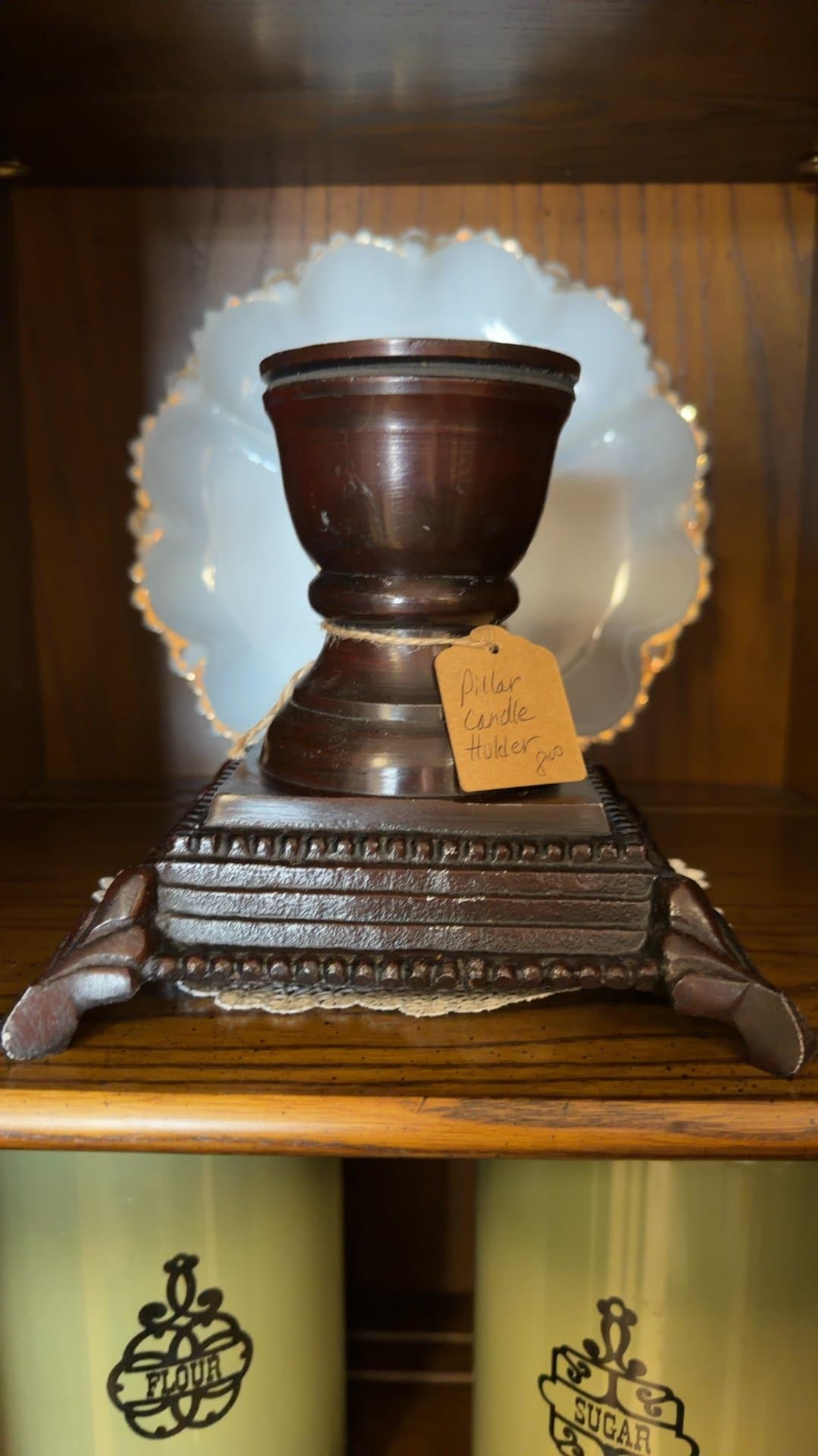 Antique Wooden Pillar Candle Holder - Image 1