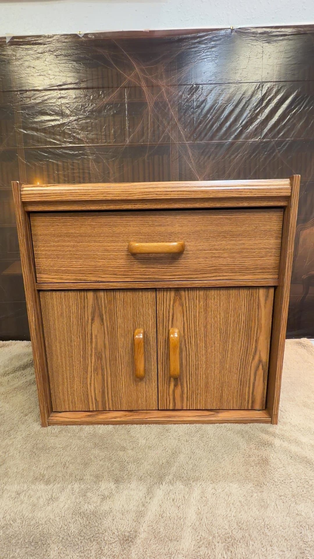 Vintage Oak Finish Wooden Nightstand with Drawer and Cabinet - Image 1