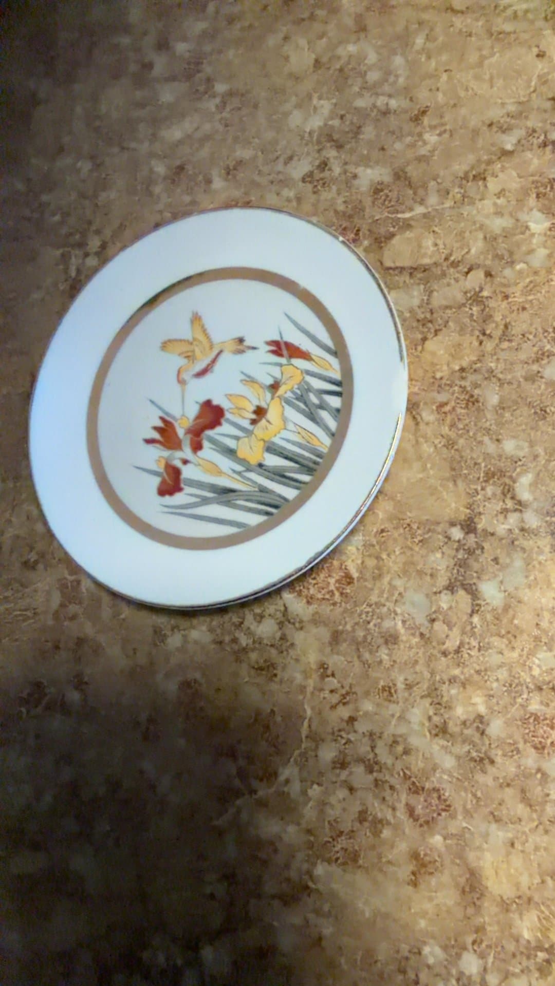 Chokin Porcelain Plate with Hummingbird and Iris Design - Image 1