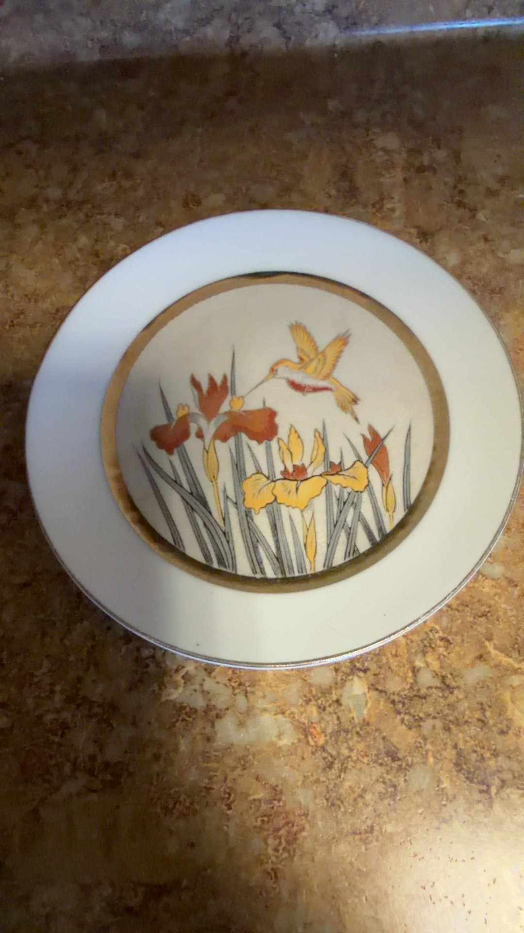 Art of Chokin Porcelain Plate with Hummingbird and Iris Design - Image 1