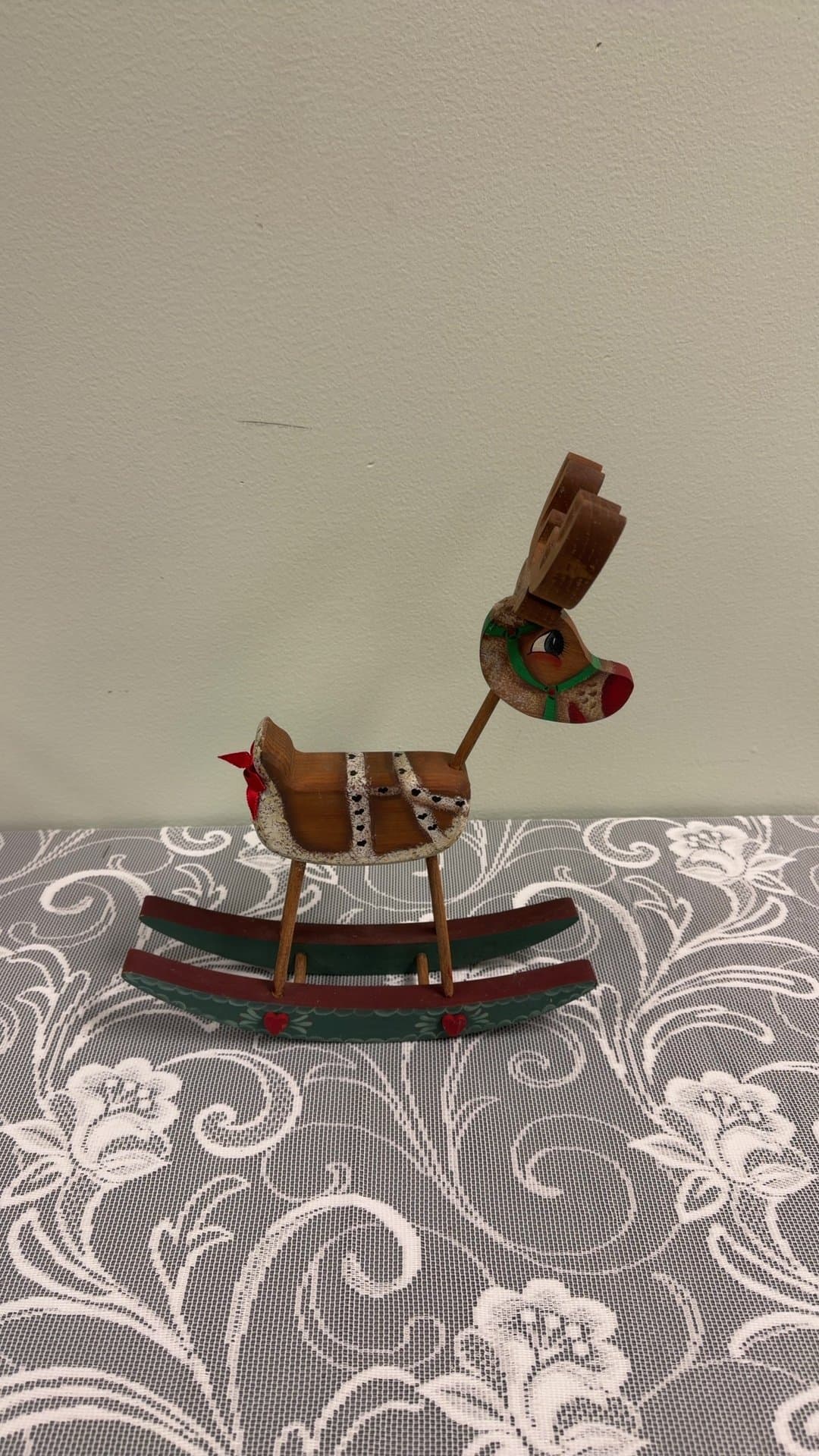 Vintage Painted Wooden Rocking Reindeer Christmas Decoration - Image 1