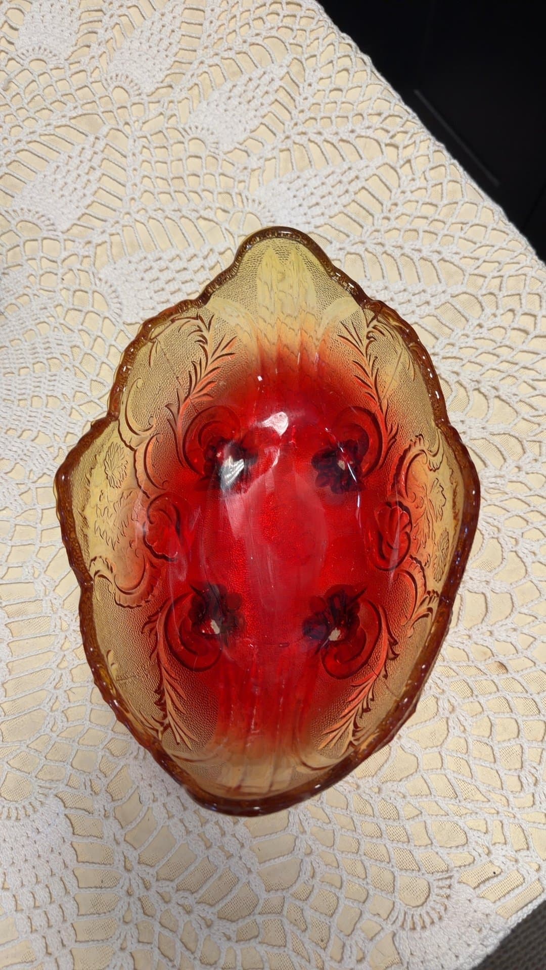 Vintage Amberina Pressed Glass Four-Footed Oval Dish - Image 1