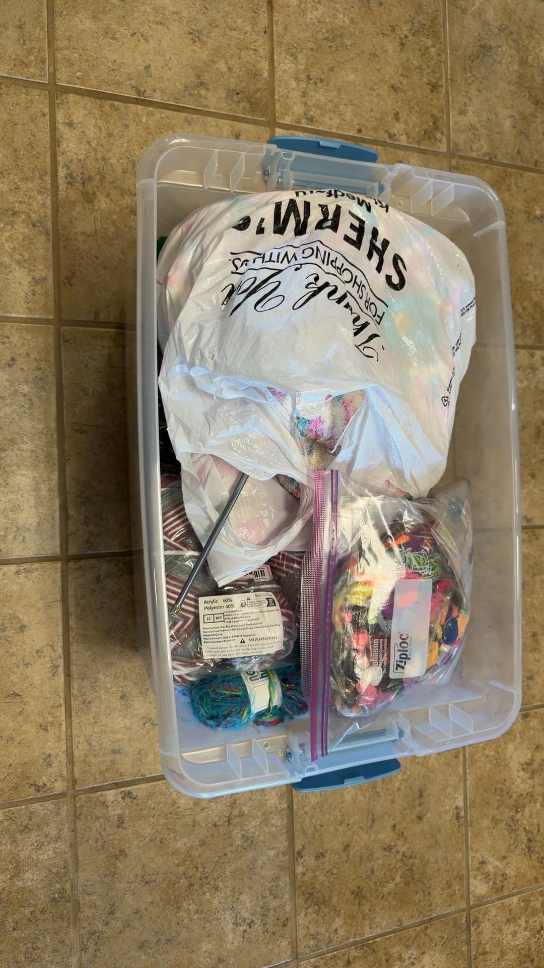Assorted Yarn and Craft Supplies Lot in Clear Storage Tub - Image 1