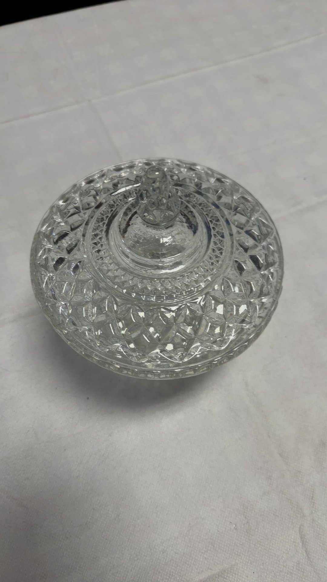 Vintage Clear Diamond Cut Pressed Glass Covered Candy Dish - Image 1