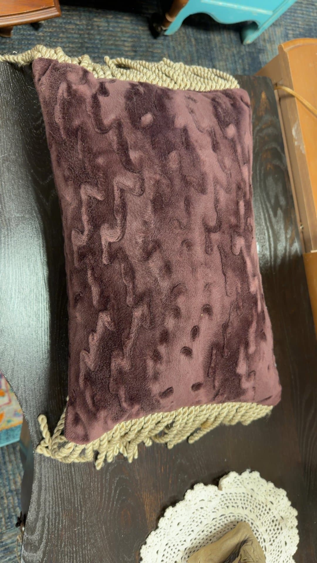 Decorative Purple Throw Pillow with Fringe - Image 1