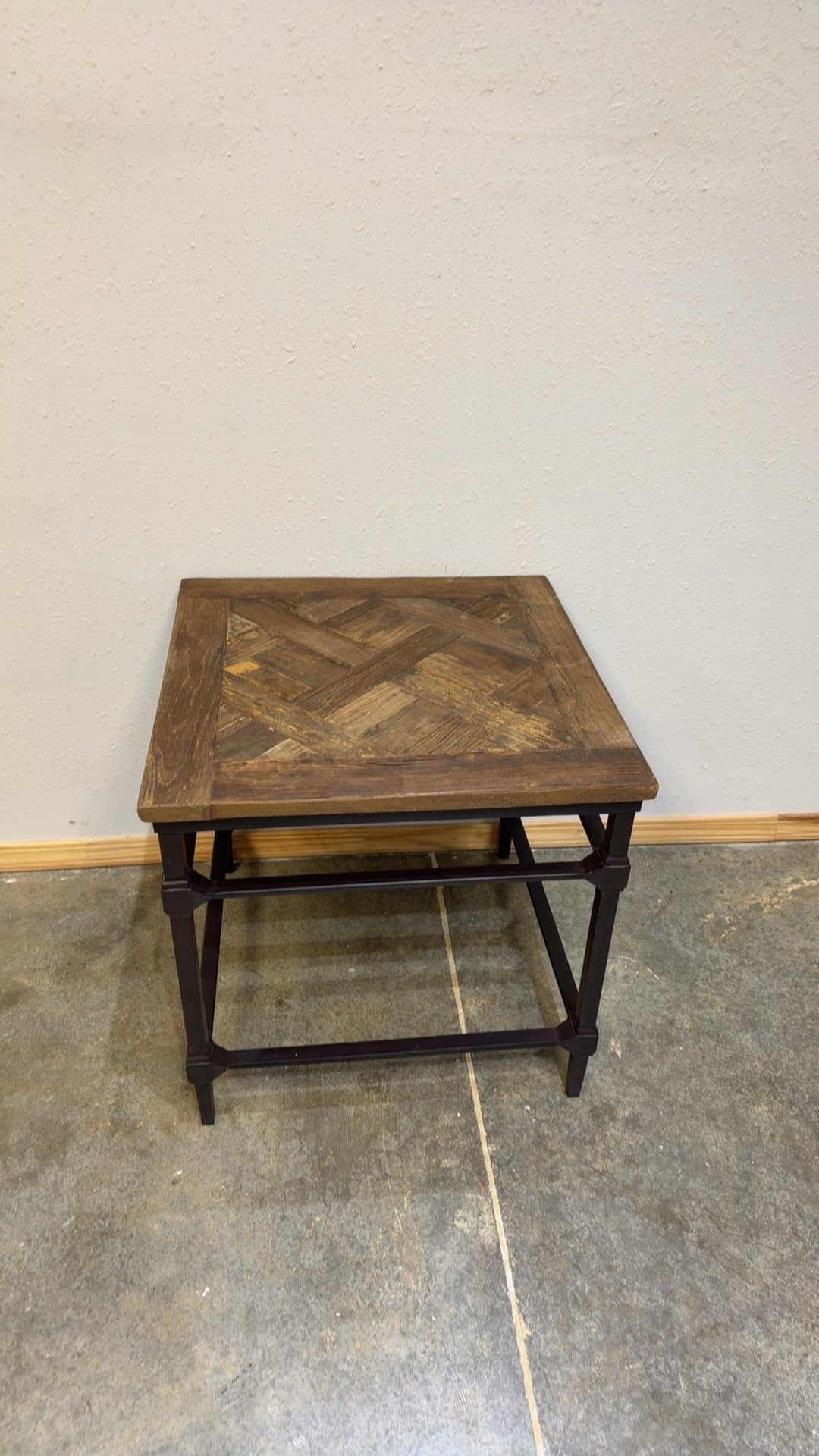 Rustic Parquet Top End Table with Metal Frame - Image 1