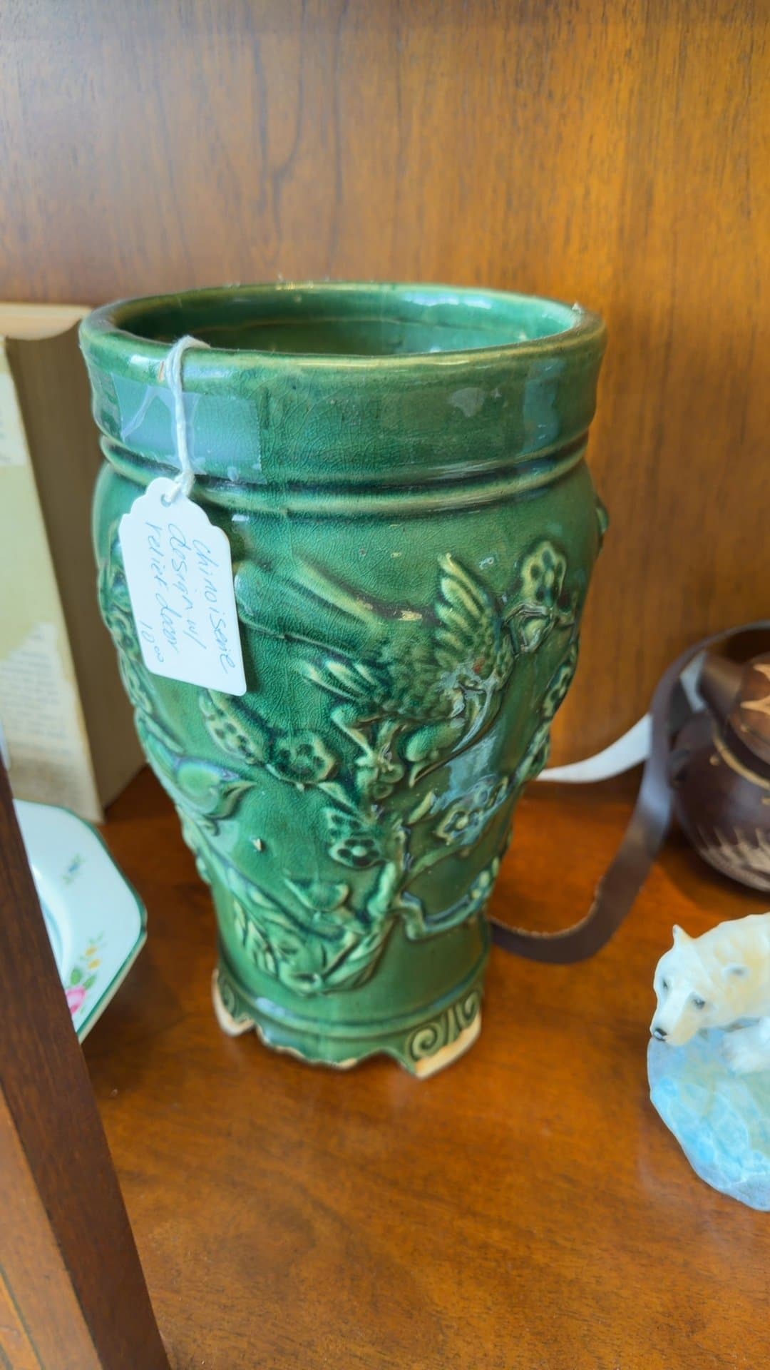 Green Glazed Earthenware Vase with Bird Motif - Image 1