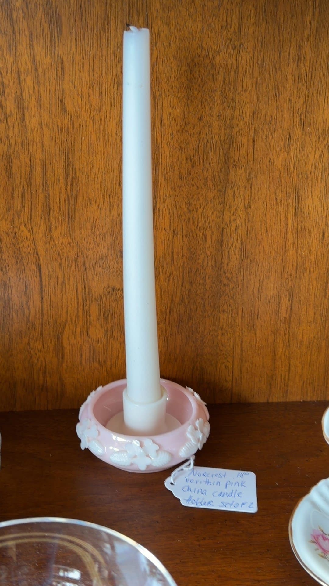 Pink Glass Candle Holder with White Floral Design - Image 1