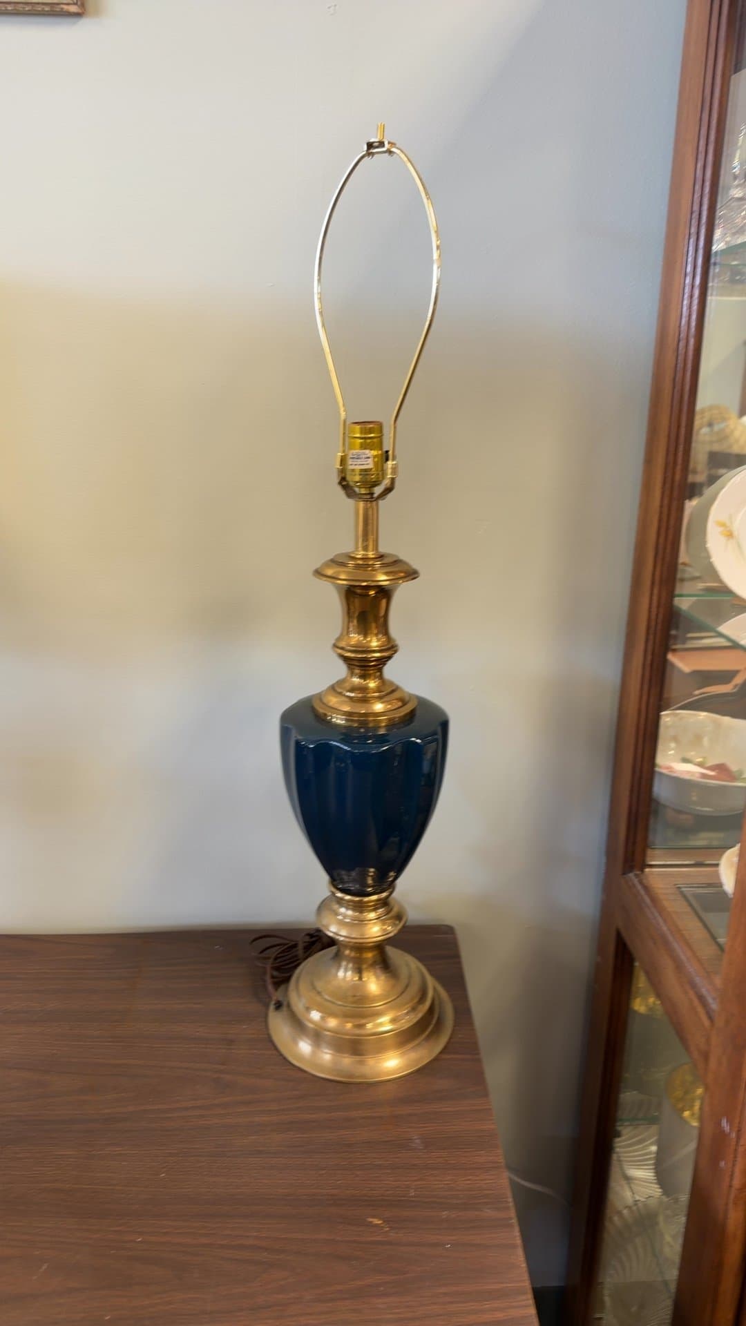 Vintage Brass and Blue Glass Table Lamp - Image 1