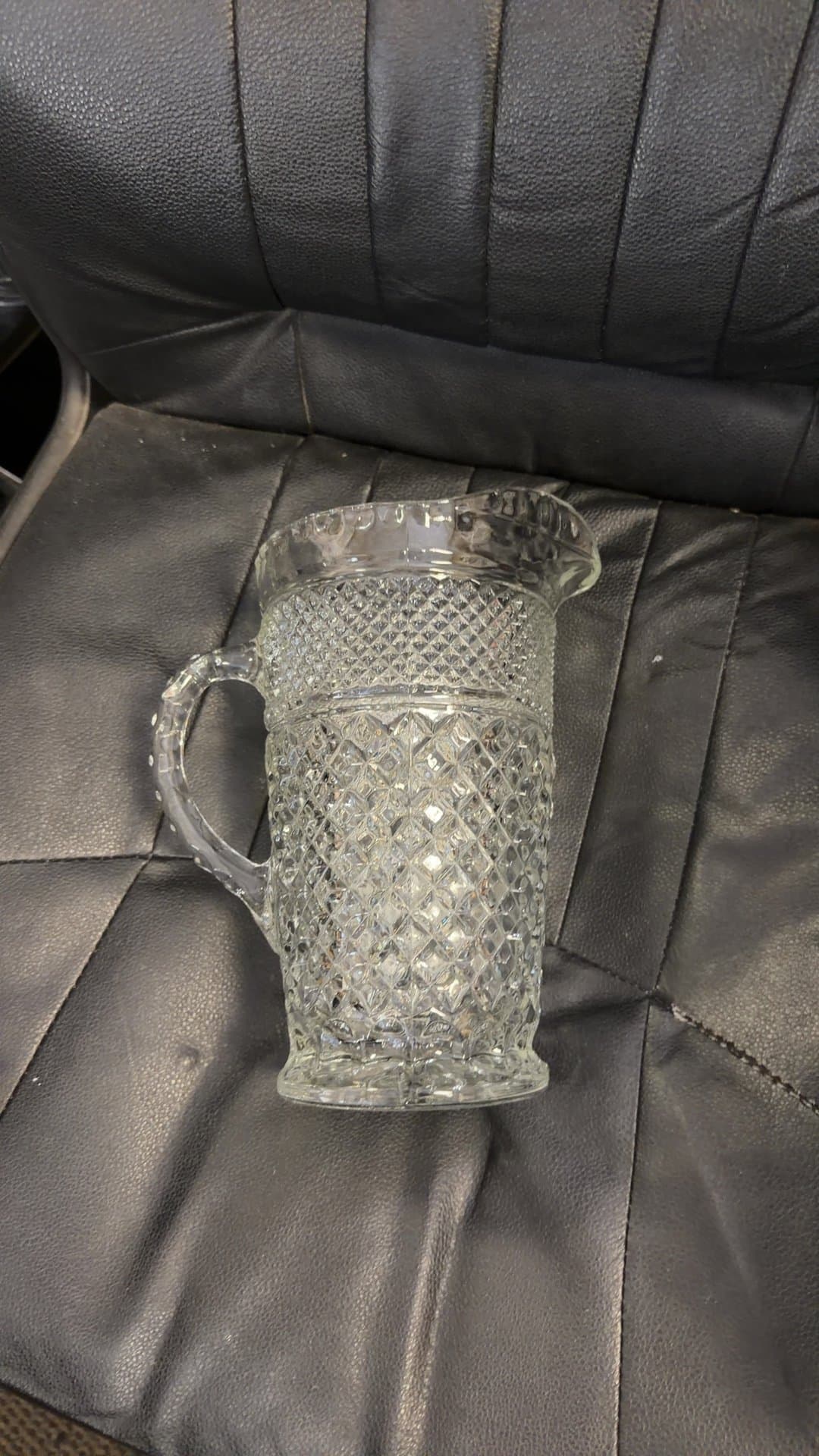 Vintage Clear Cut Glass Water Pitcher with Diamond Pattern - Image 1