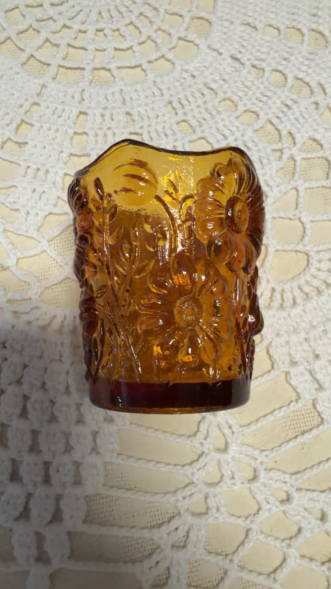 Vintage Amber Glass Sunflower Toothpick Holder - Image 1