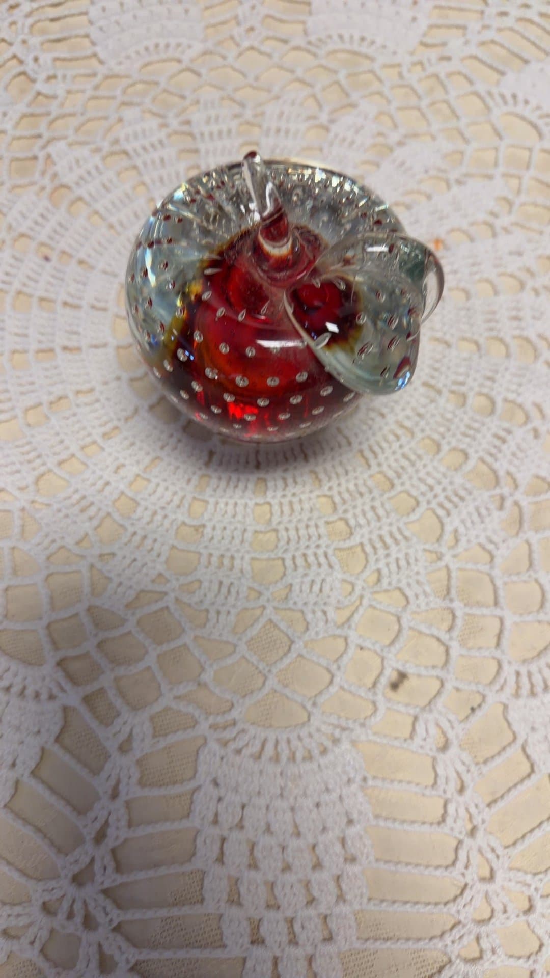 V Red Art Glass Apple Paperweight with Controlled Bubbles - Image 1