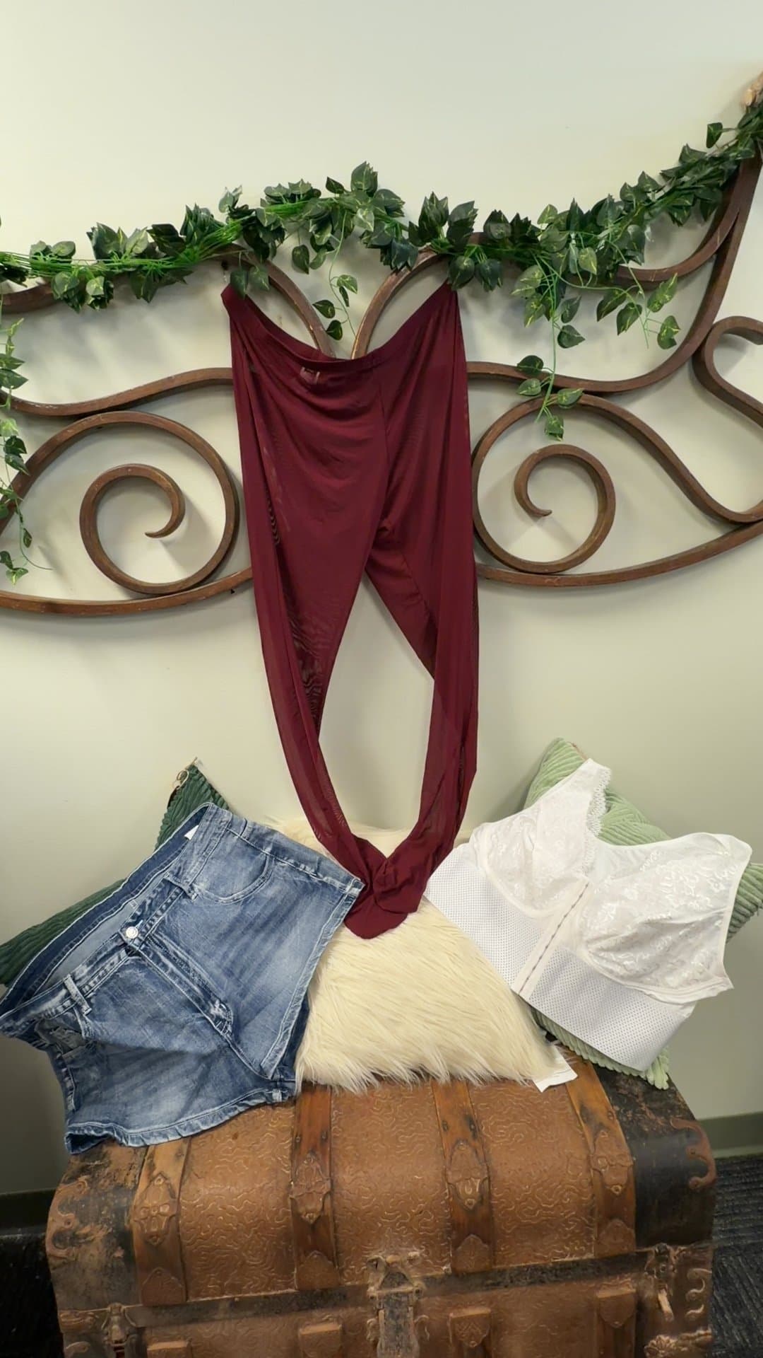 Women's Clothing Set with Denim Shorts, White Top, and Burgundy Scarf - Image 1